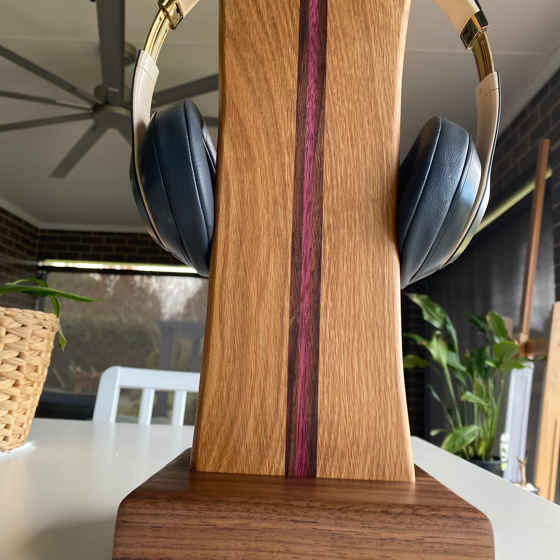 Handcrafted Solid Timber Headphone Stand – Walnut, American Oak & Purpleheart