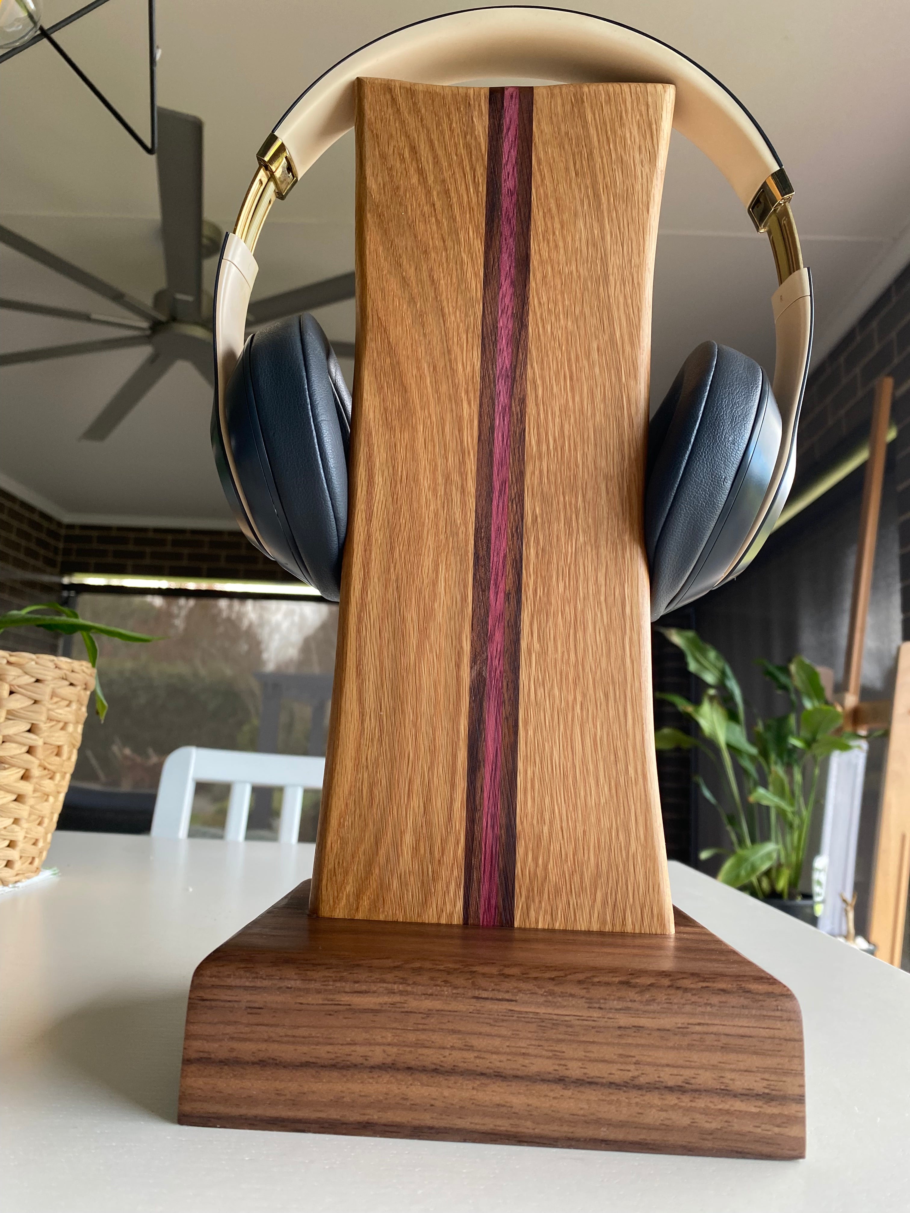 Handcrafted Solid Timber Headphone Stand – Walnut, American Oak & Purpleheart