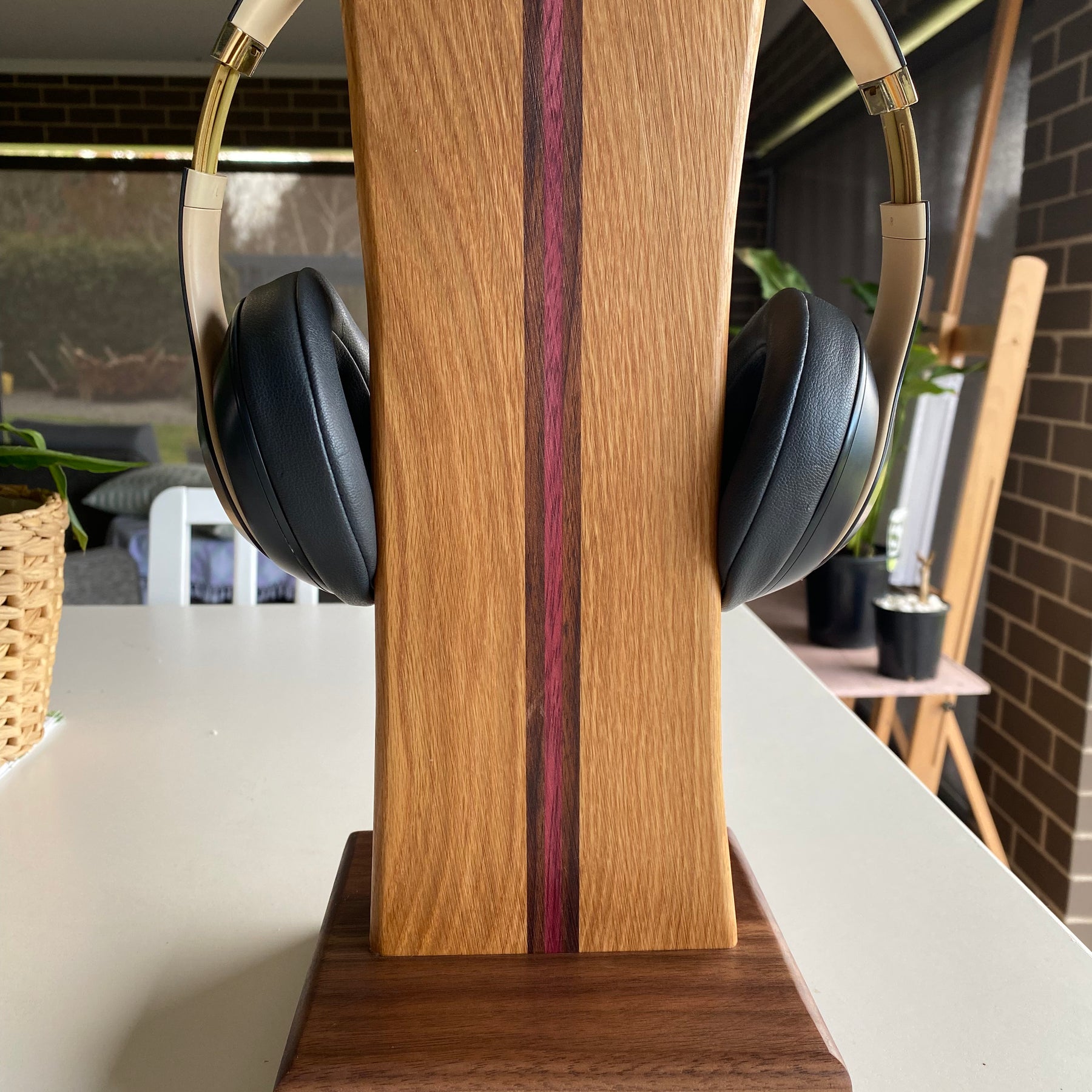 Handcrafted Solid Timber Headphone Stand – Walnut, American Oak & Purpleheart