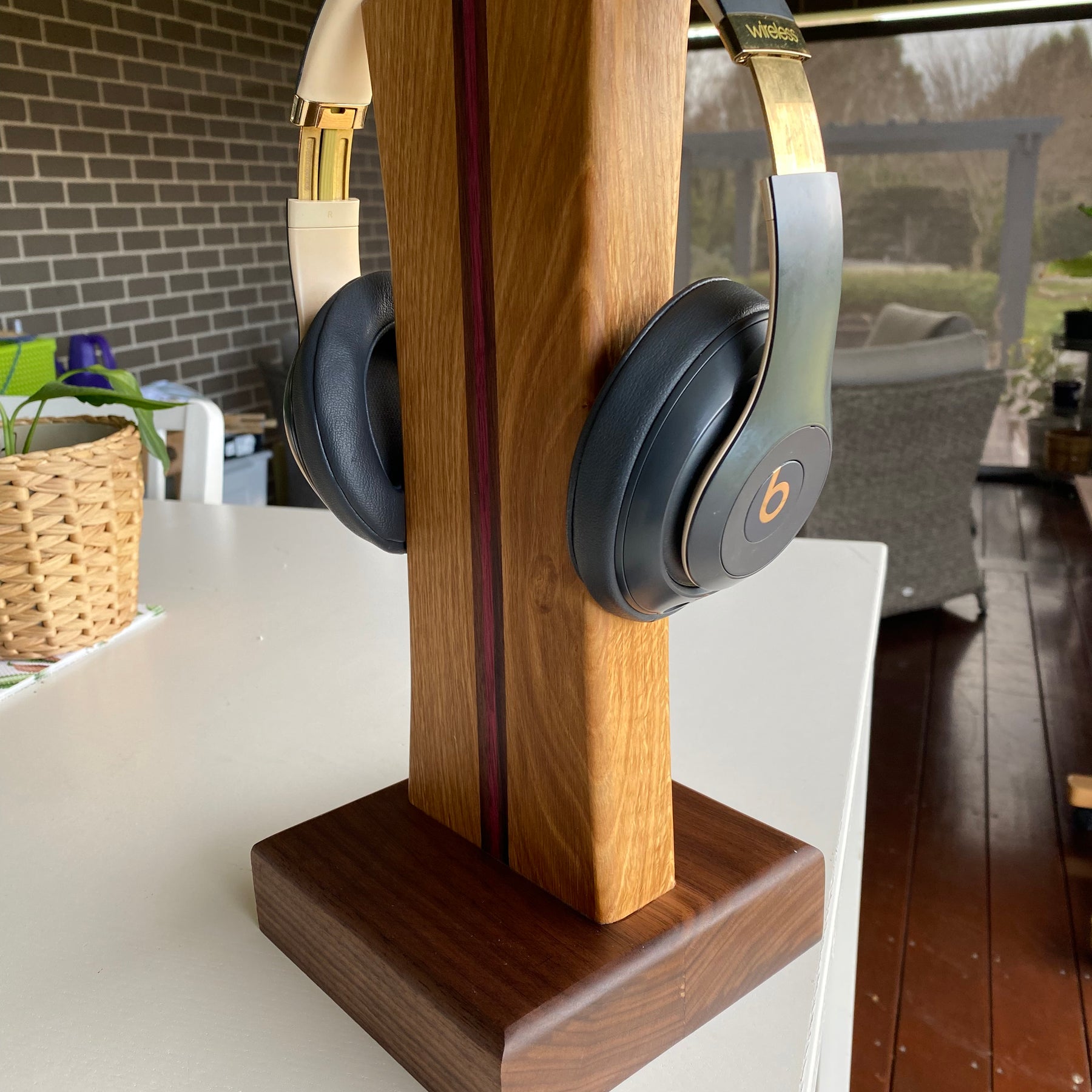 Handcrafted Solid Timber Headphone Stand – Walnut, American Oak & Purpleheart