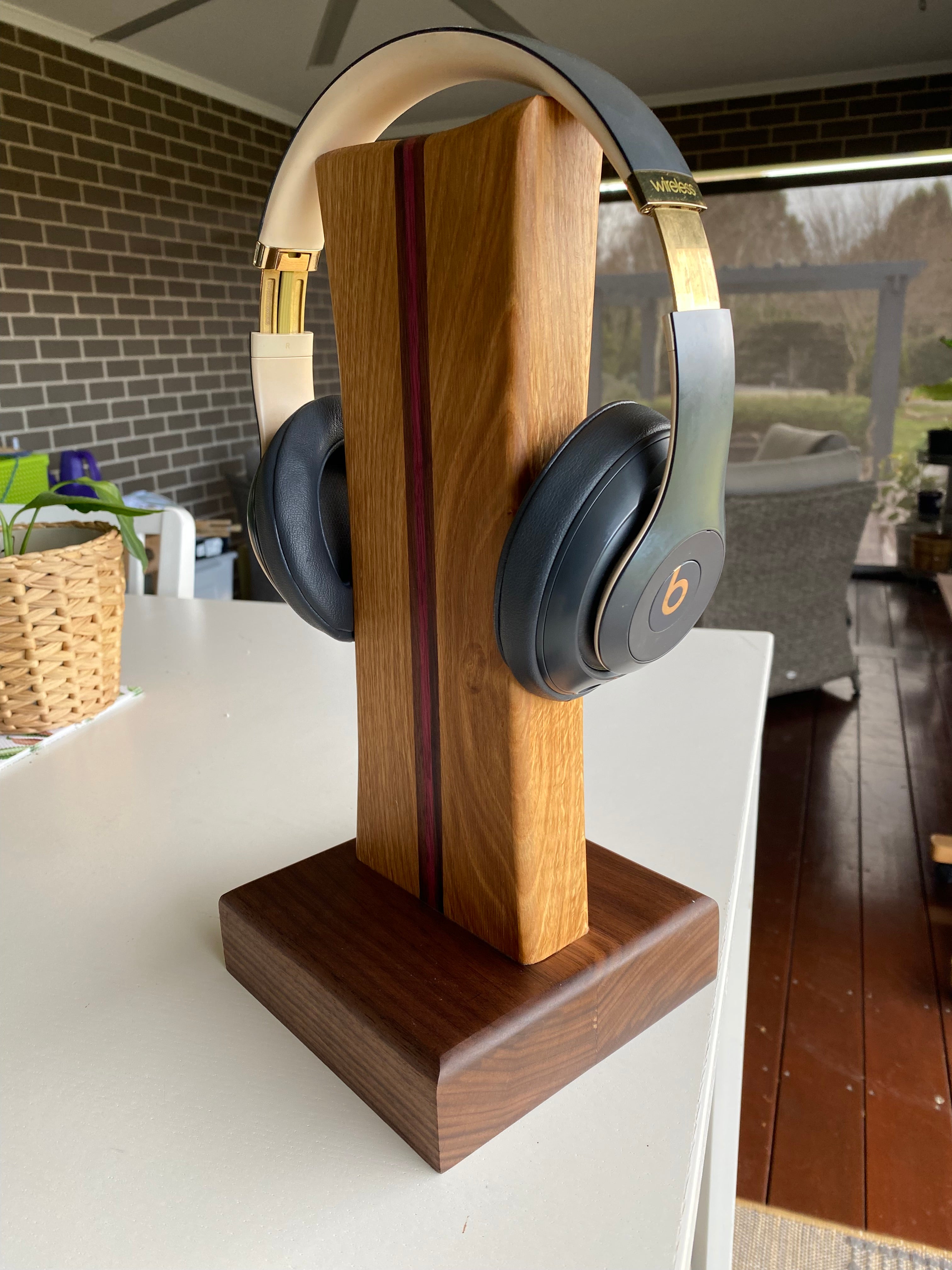 Handcrafted Solid Timber Headphone Stand – Walnut, American Oak & Purpleheart