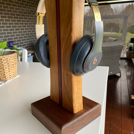 Handcrafted Solid Timber Headphone Stand – Walnut, American Oak & Purpleheart