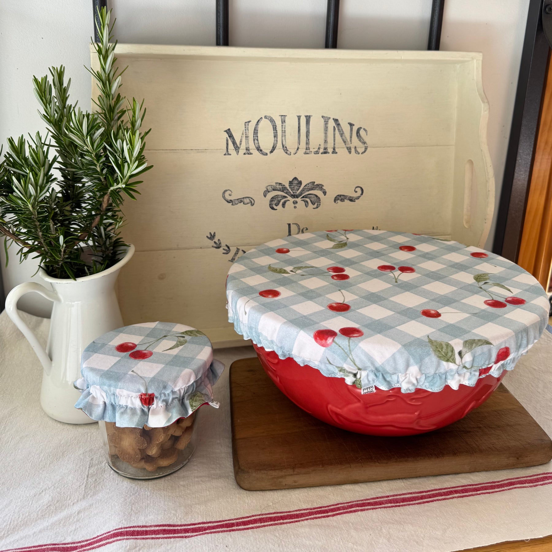 Reversible Cherry Fabric Bowl Cover - Linen / Cotton