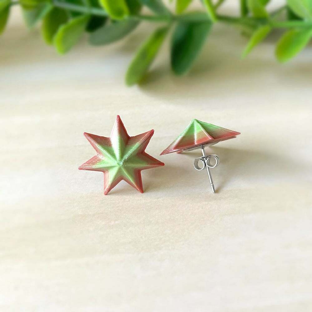 Australian-artist-handmade-jewellery-stud-earrings-3D-printed-star-green-orange-6