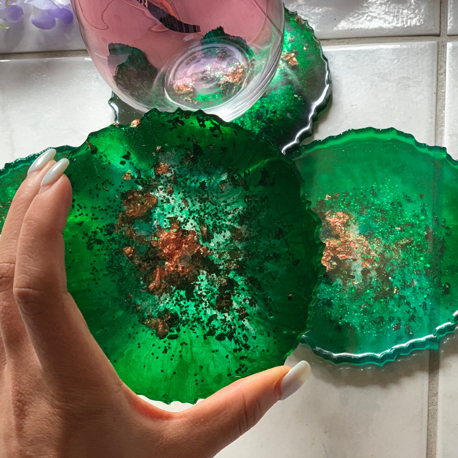 Agate coasters Emerald green