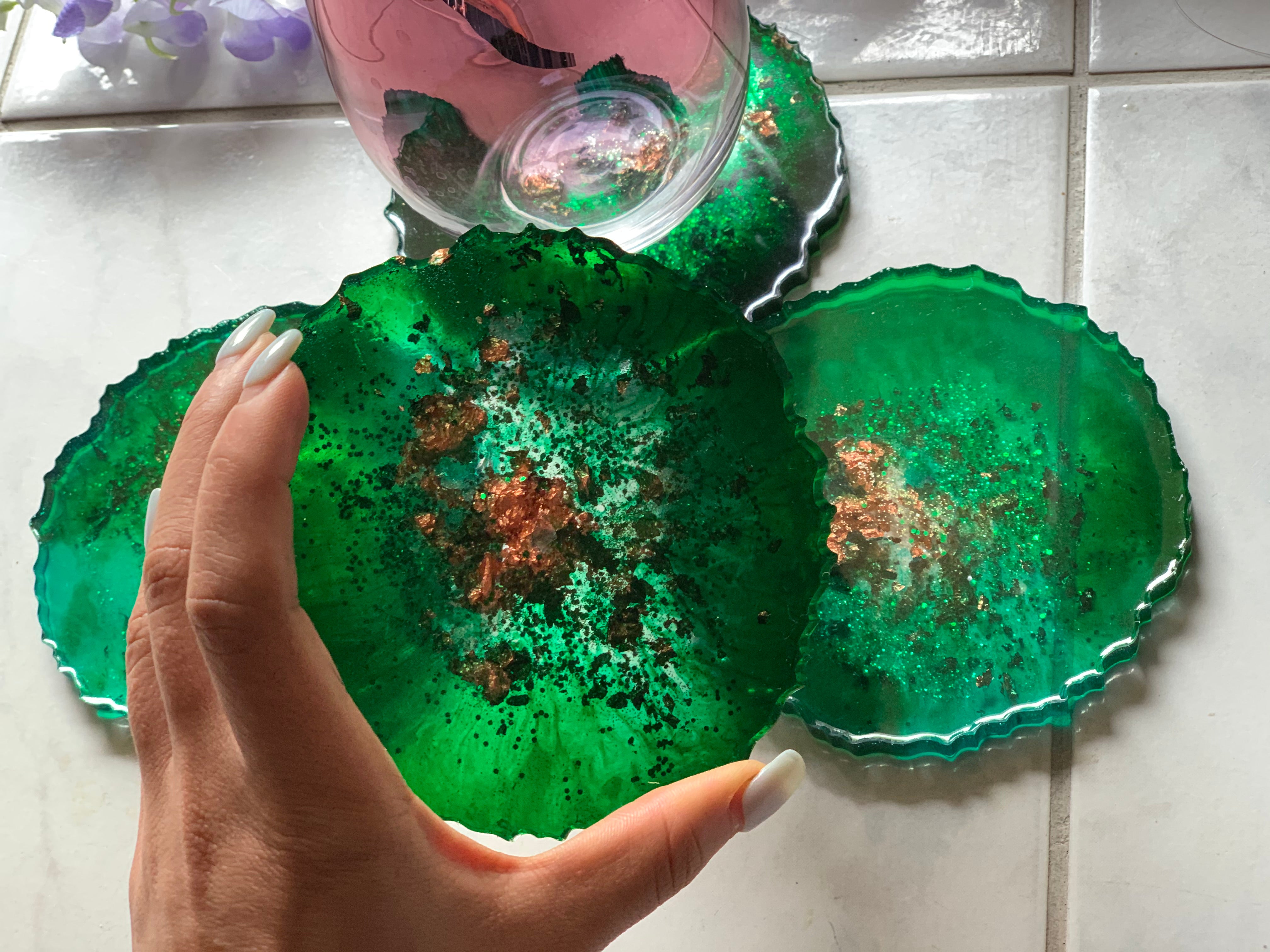 Agate coasters Emerald green