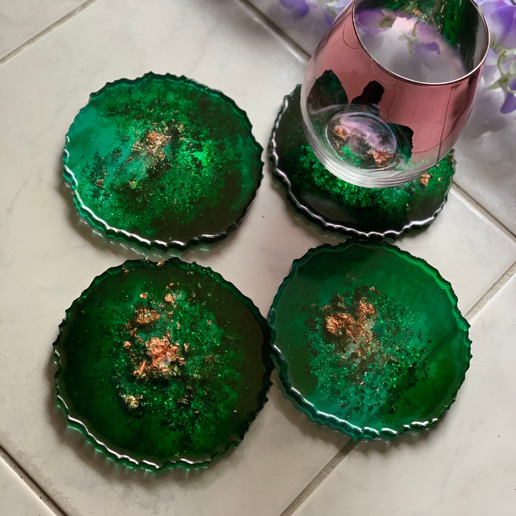 Agate coasters Emerald green