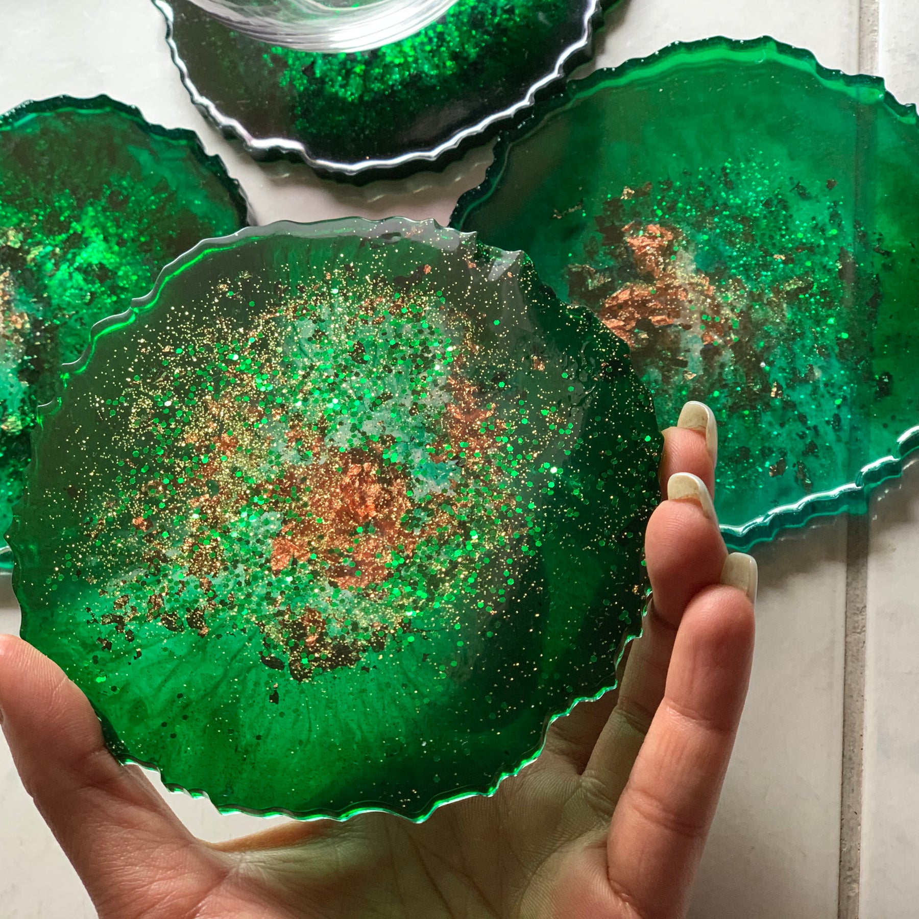 Agate coasters Emerald green