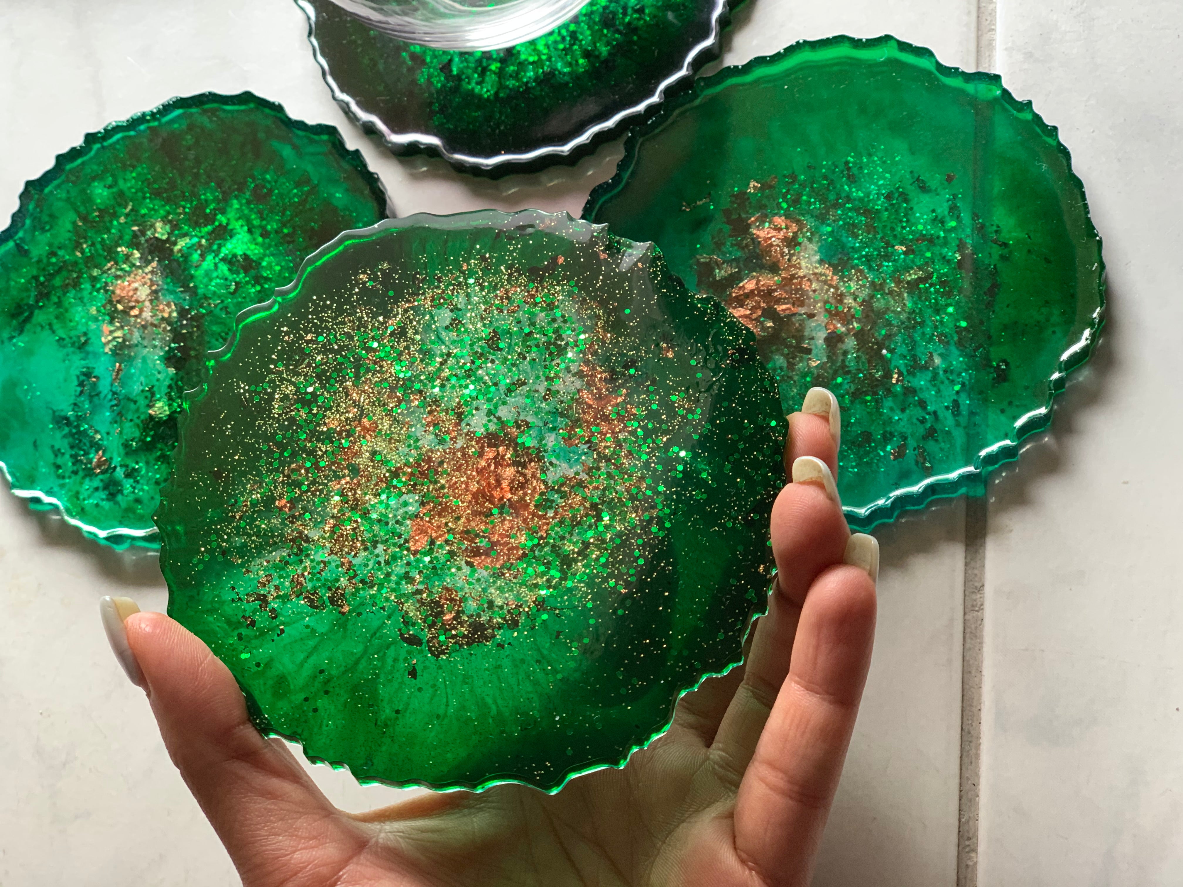 Agate coasters Emerald green