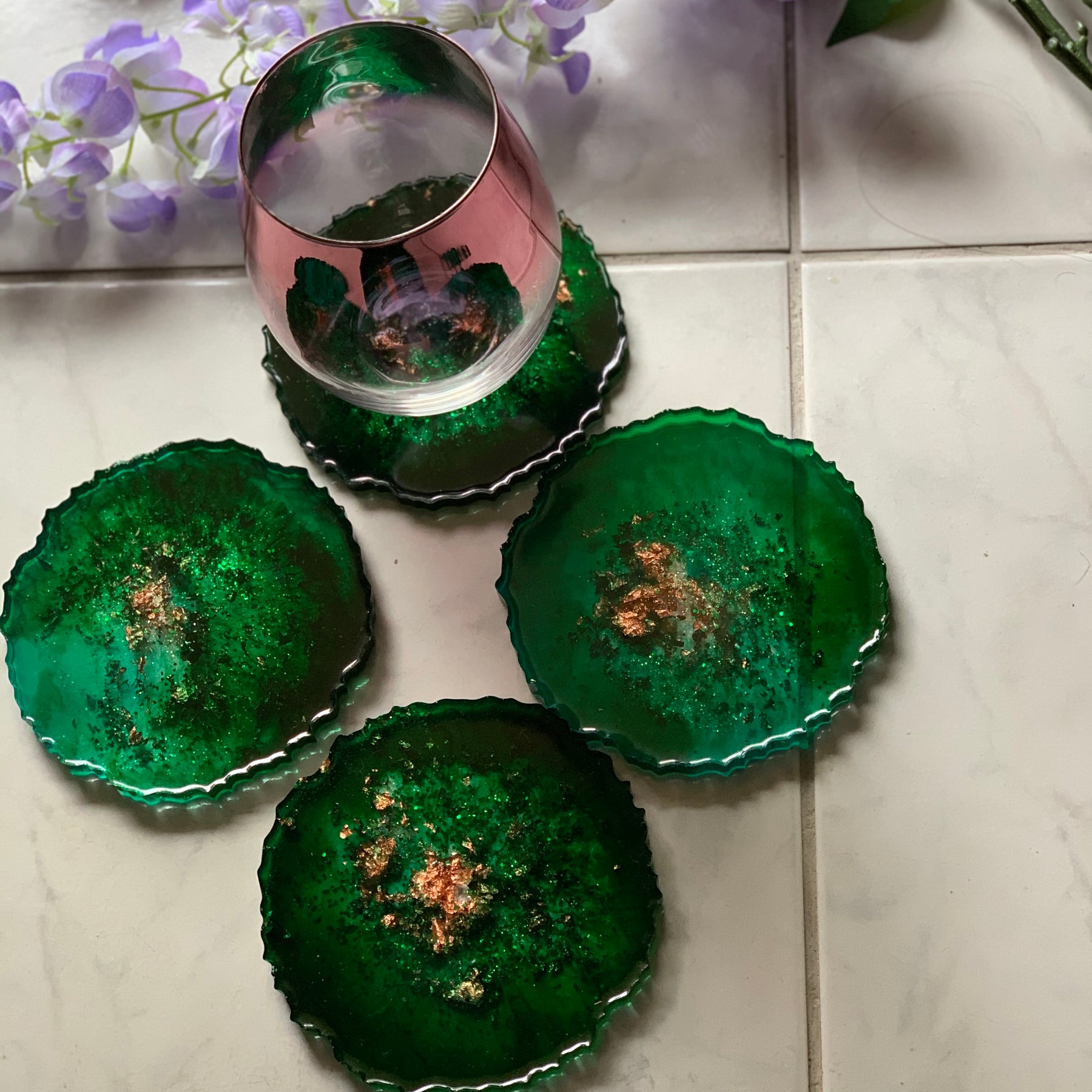 Agate coasters Emerald green