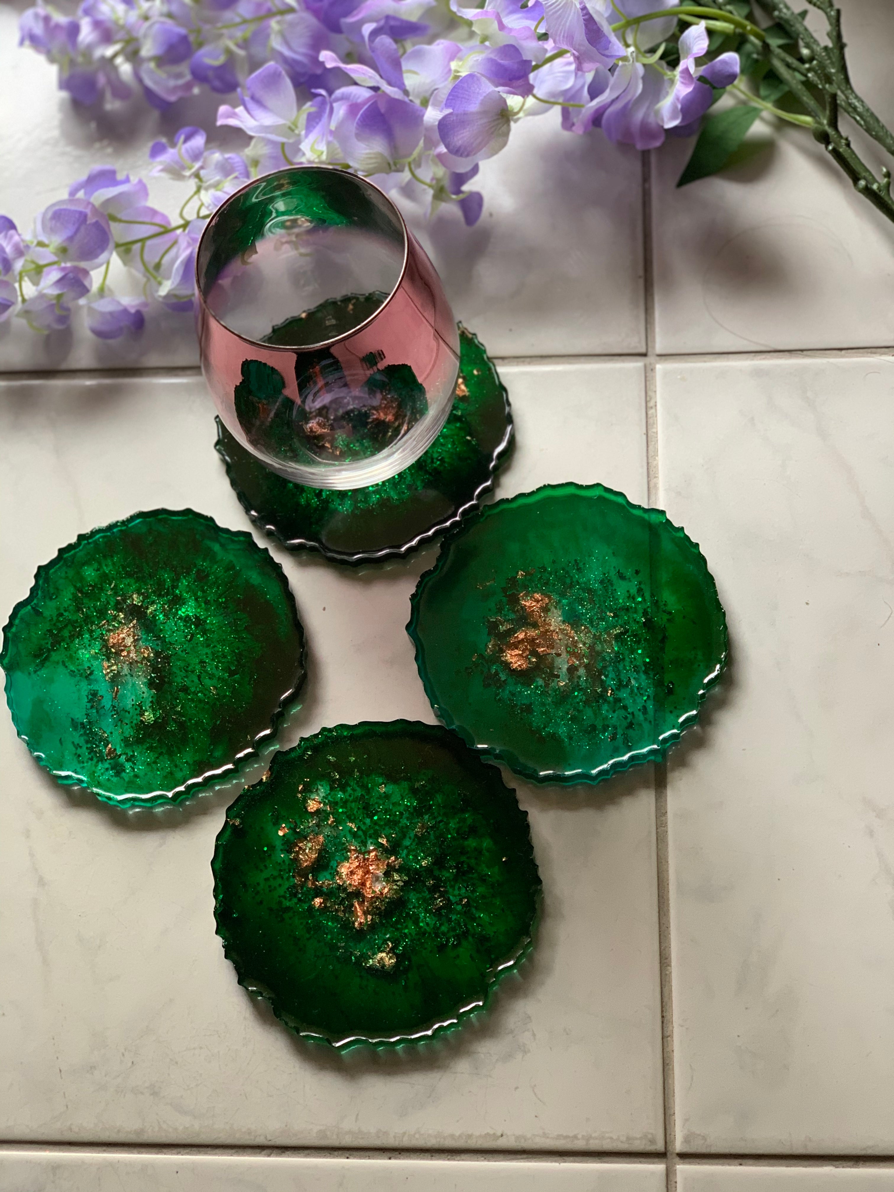 Agate coasters Emerald green