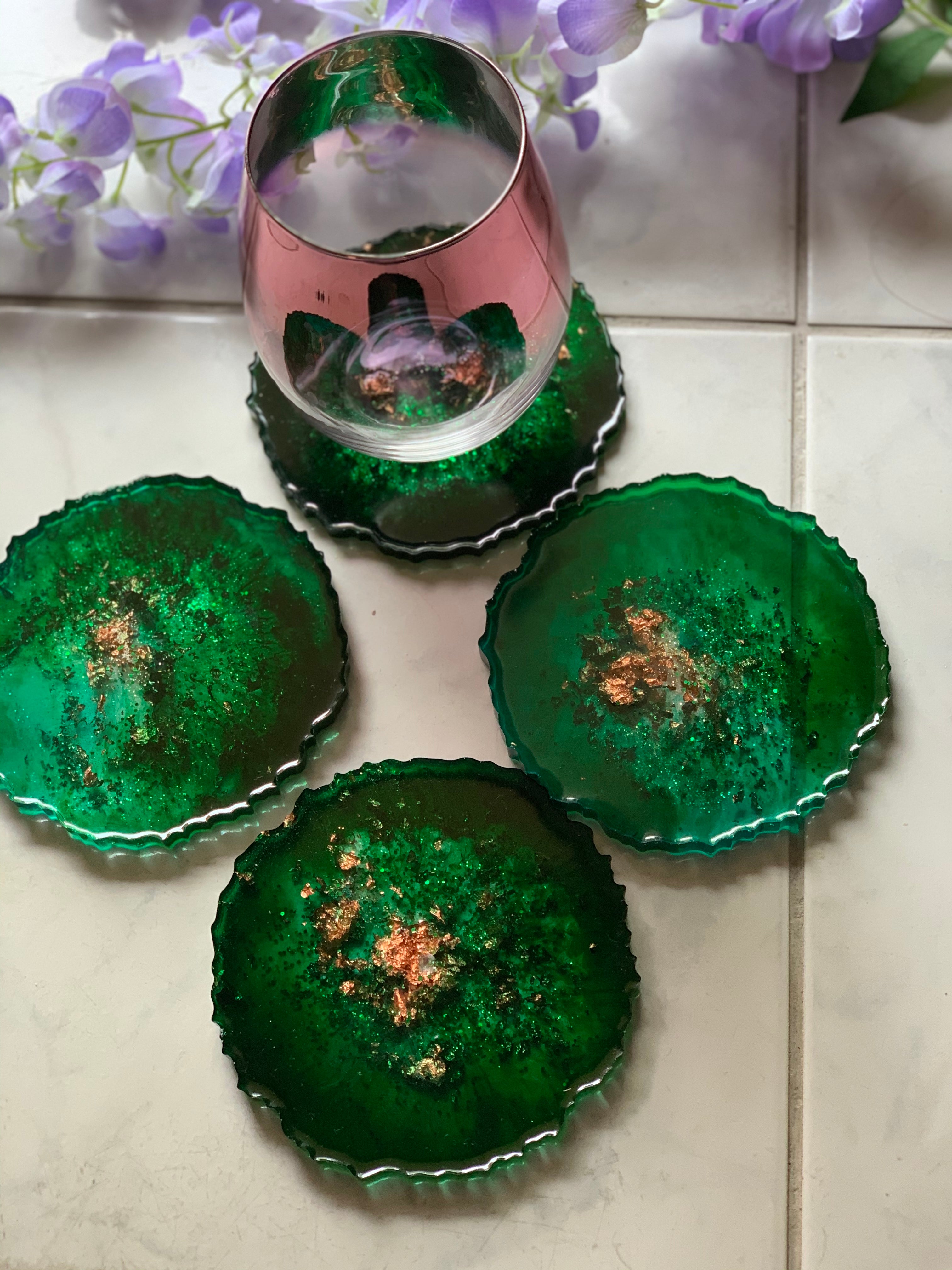 Agate coasters Emerald green