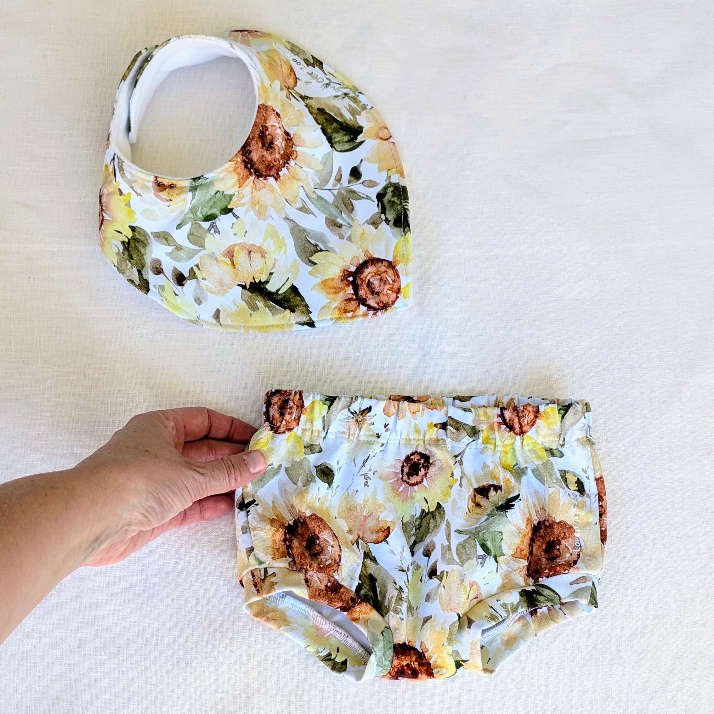 Baby Bummies and Bib Set, Sunflower Collection, Handmade by Love Our Zoo