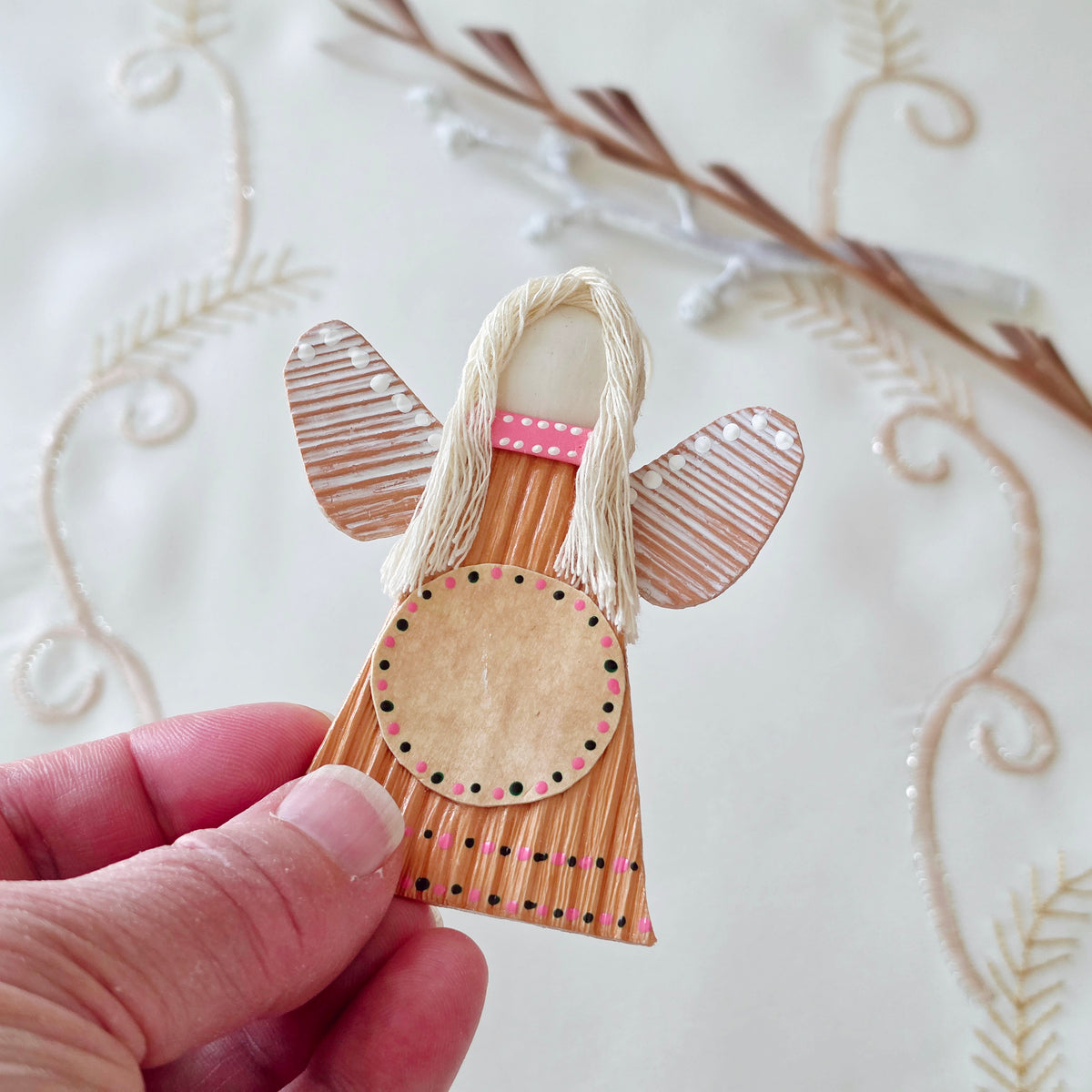 Hello - Palm Angel Ornament Greeting Gift, dark green and pink dots