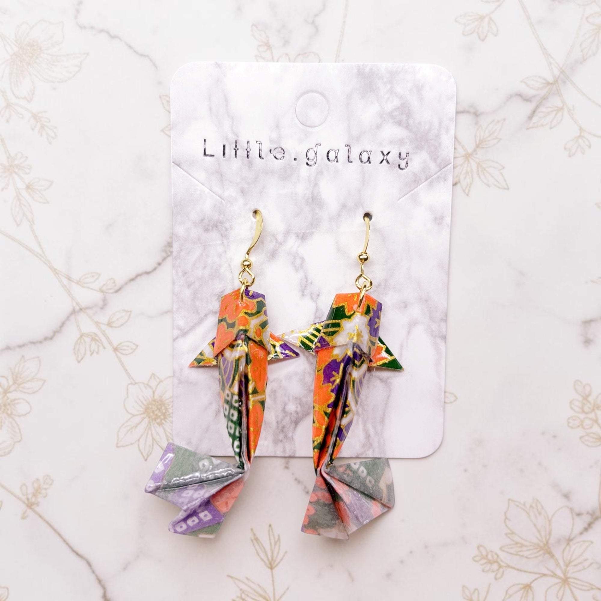 Handmade paper origami Koi fish earrings / ear clip on / 18K gold hook / silver