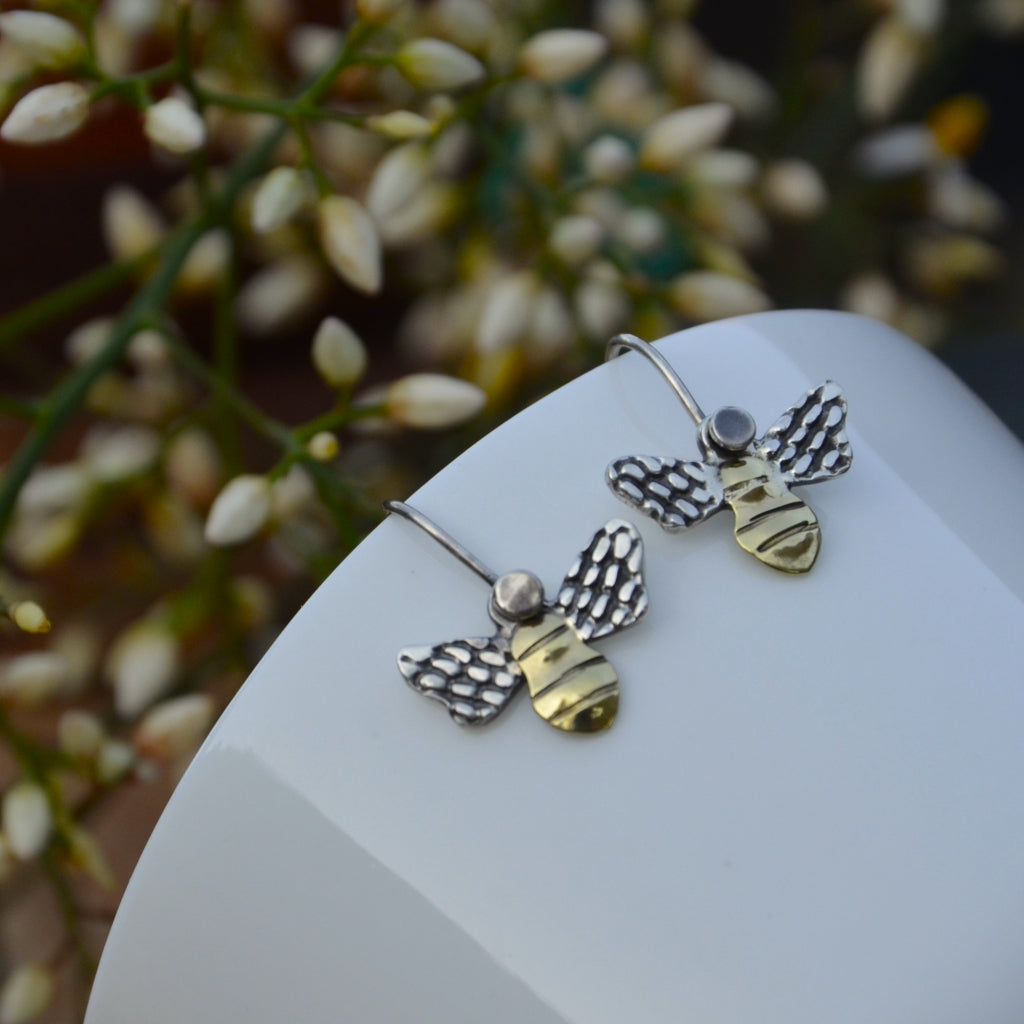 Brass and Silver Bee Dangle Earrings