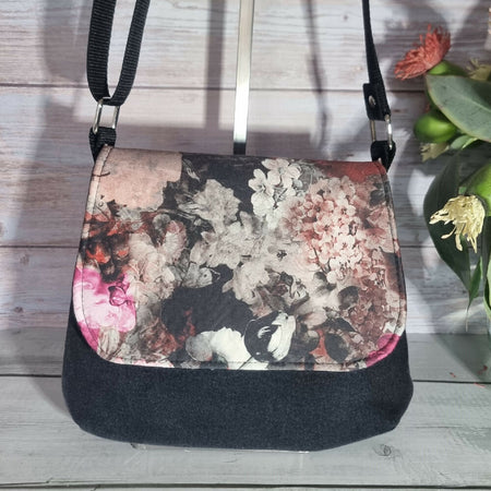 Upcycled mini messenger bag - black & dusty pink flowers