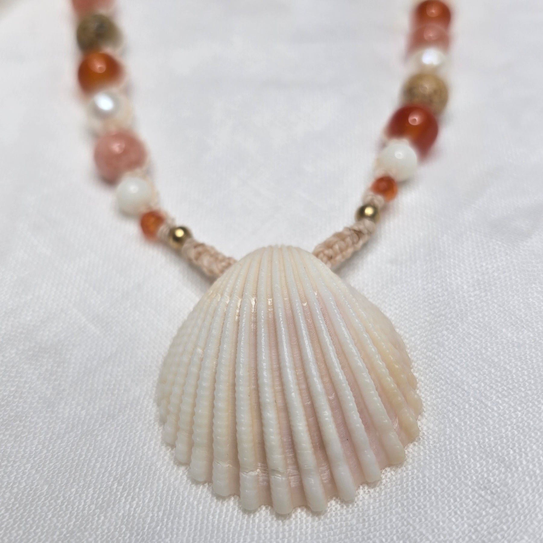 Cockle Shell Necklace Adjustable with Pearls and Rare Ocean Agate
