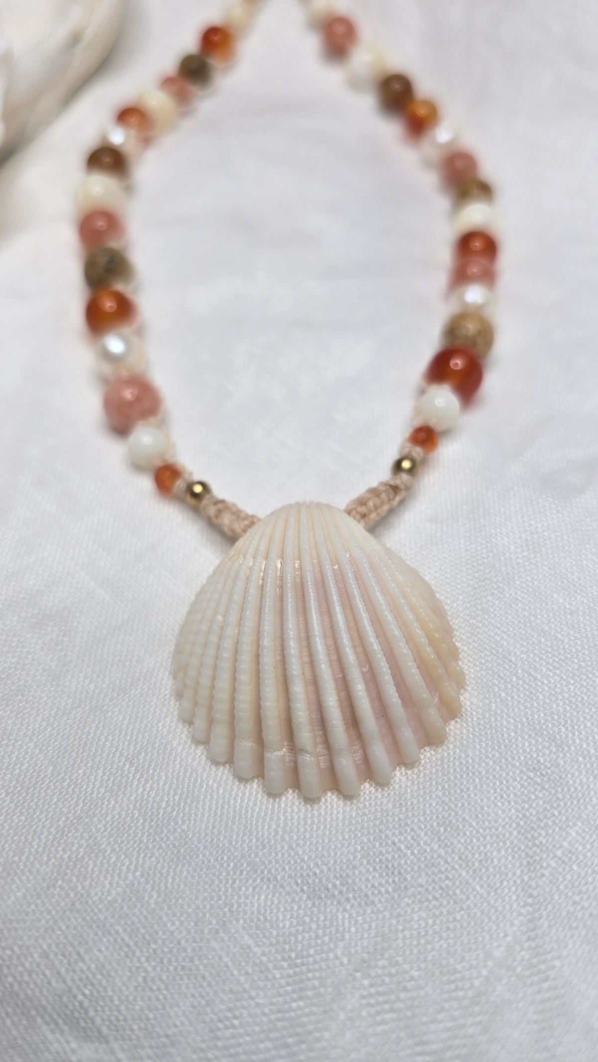 Cockle Shell Necklace Adjustable with Pearls and Rare Ocean Agate