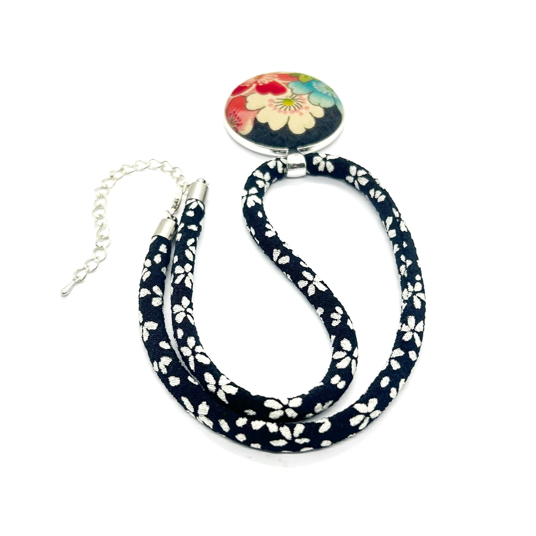 Kimono Pendant Necklace - Black Floral