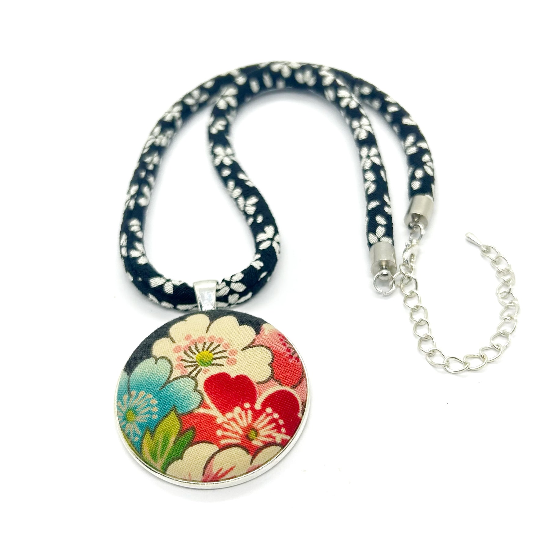 Kimono Pendant Necklace - Black Floral