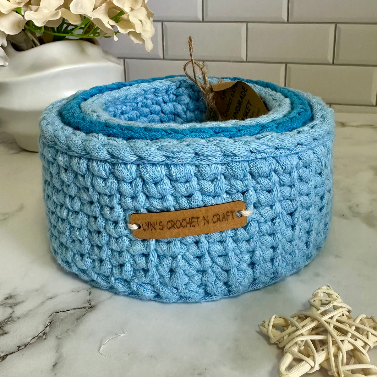 Handmade Crochet Blue Nesting Baskets