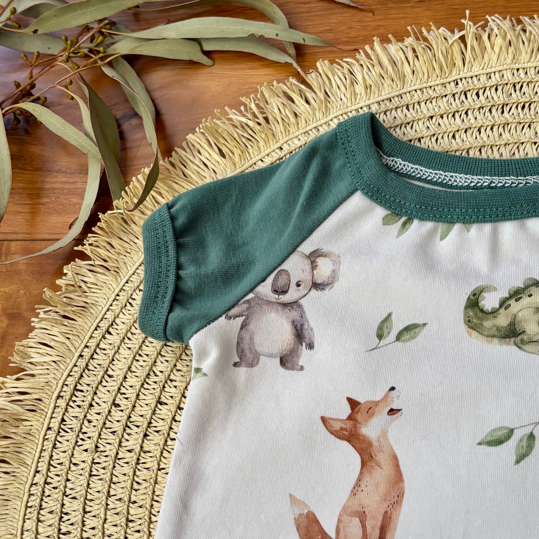 Baby Short Sleeved Bodysuit | Dark Green Aussie Animals | Size premmie to 2 | Made to order