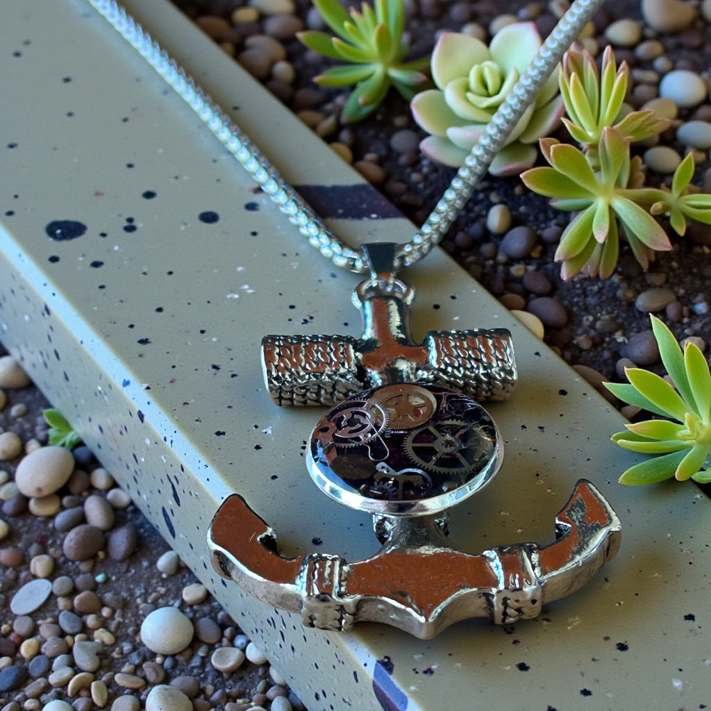 Steampunk watch parts Anchor Mens necklace