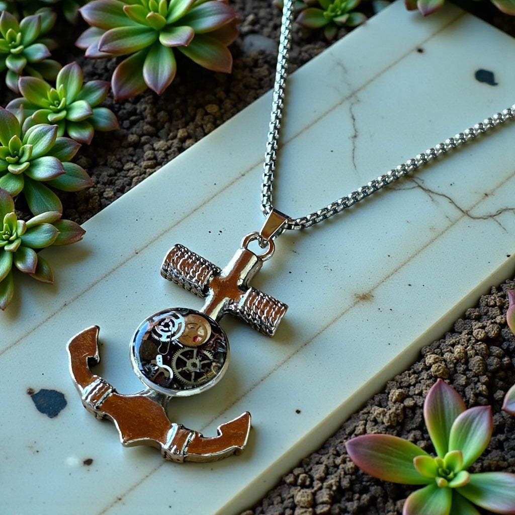 Steampunk watch parts Anchor Mens necklace