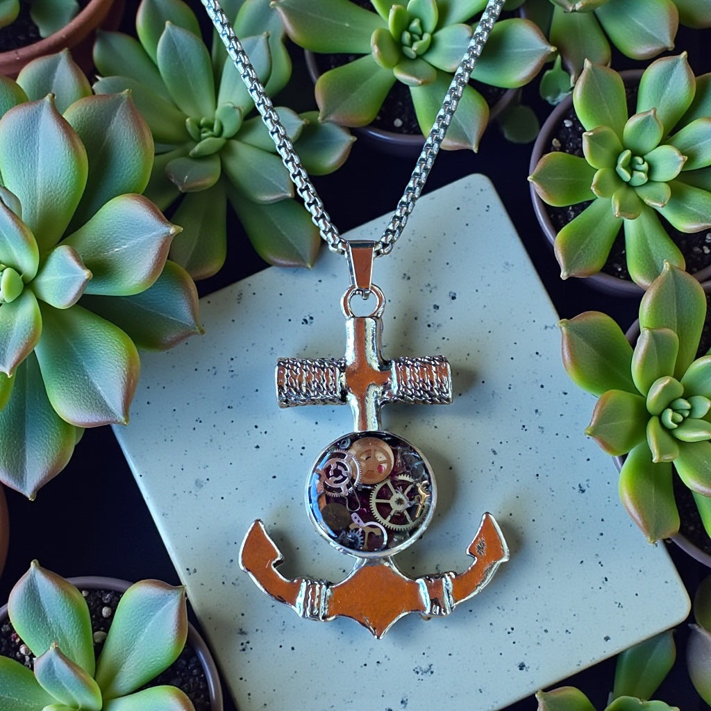Steampunk watch parts Anchor Mens necklace