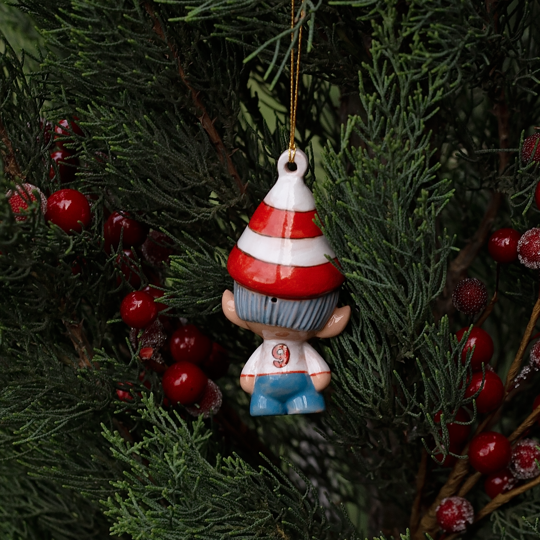 Handmade Porcelain Christmas ornament.  One-of-a-kind. Marcus, the Tinker Elf.