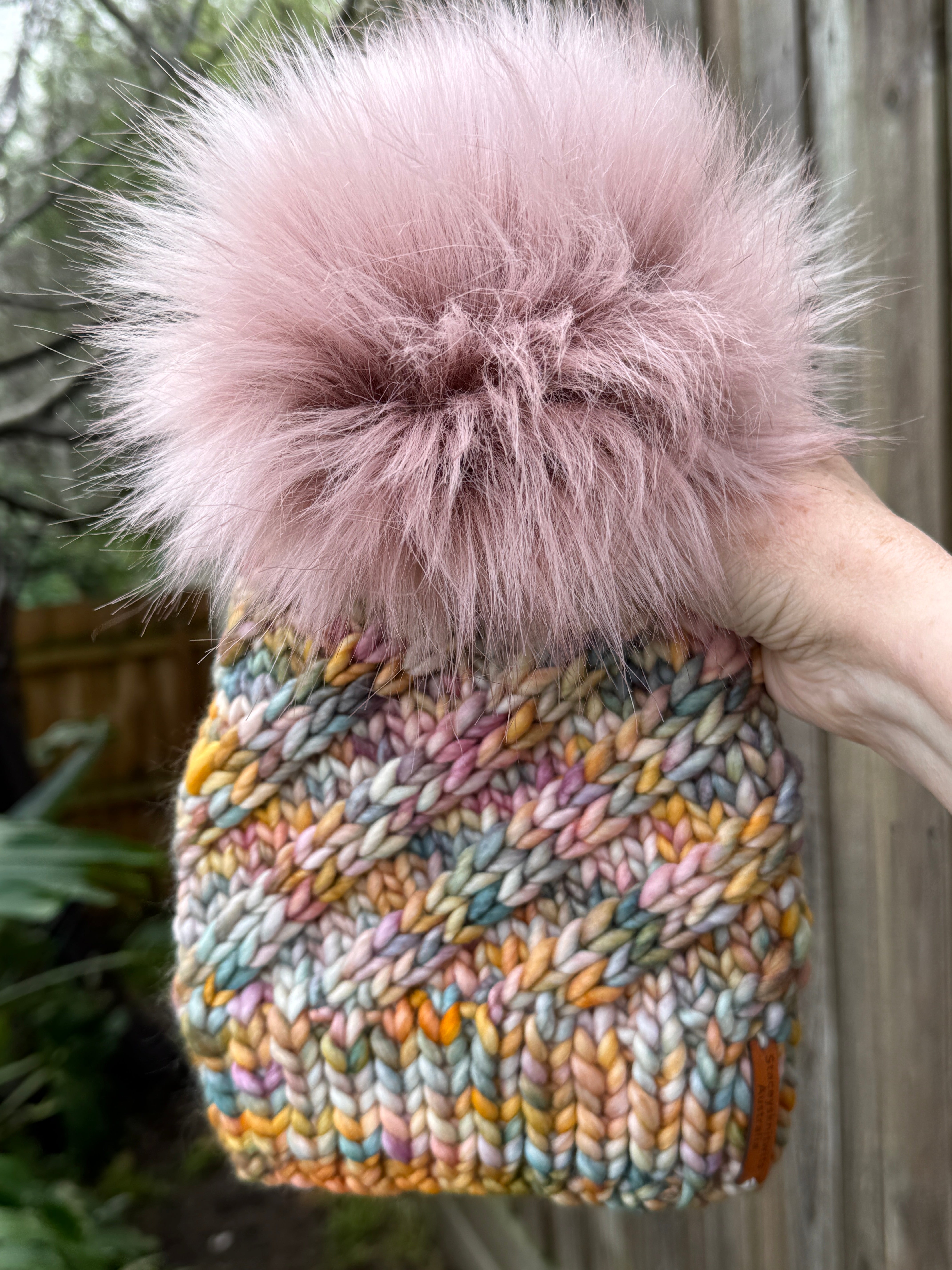Hand Knitted Merino Beanie, Rainbow PomPom Beanie