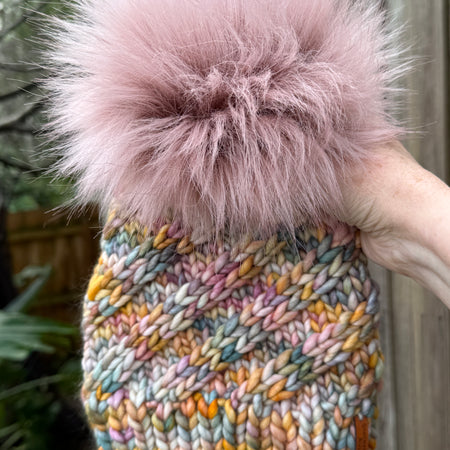Hand Knitted Merino Beanie, Rainbow PomPom Beanie