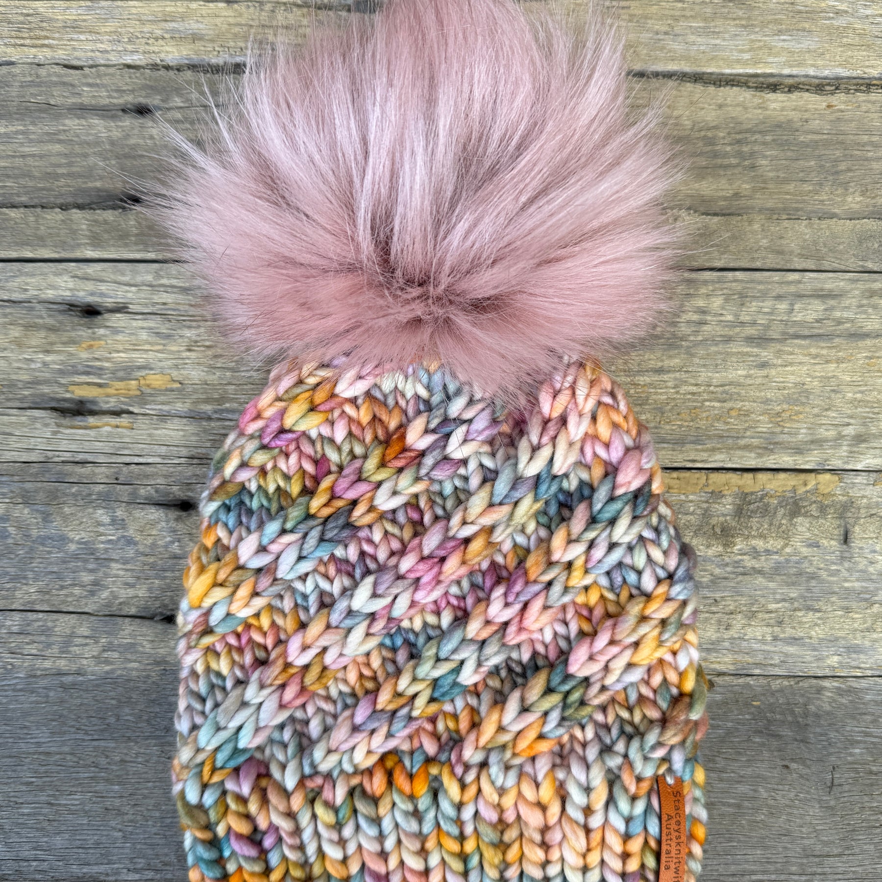 Hand Knitted Merino Beanie, Rainbow PomPom Beanie