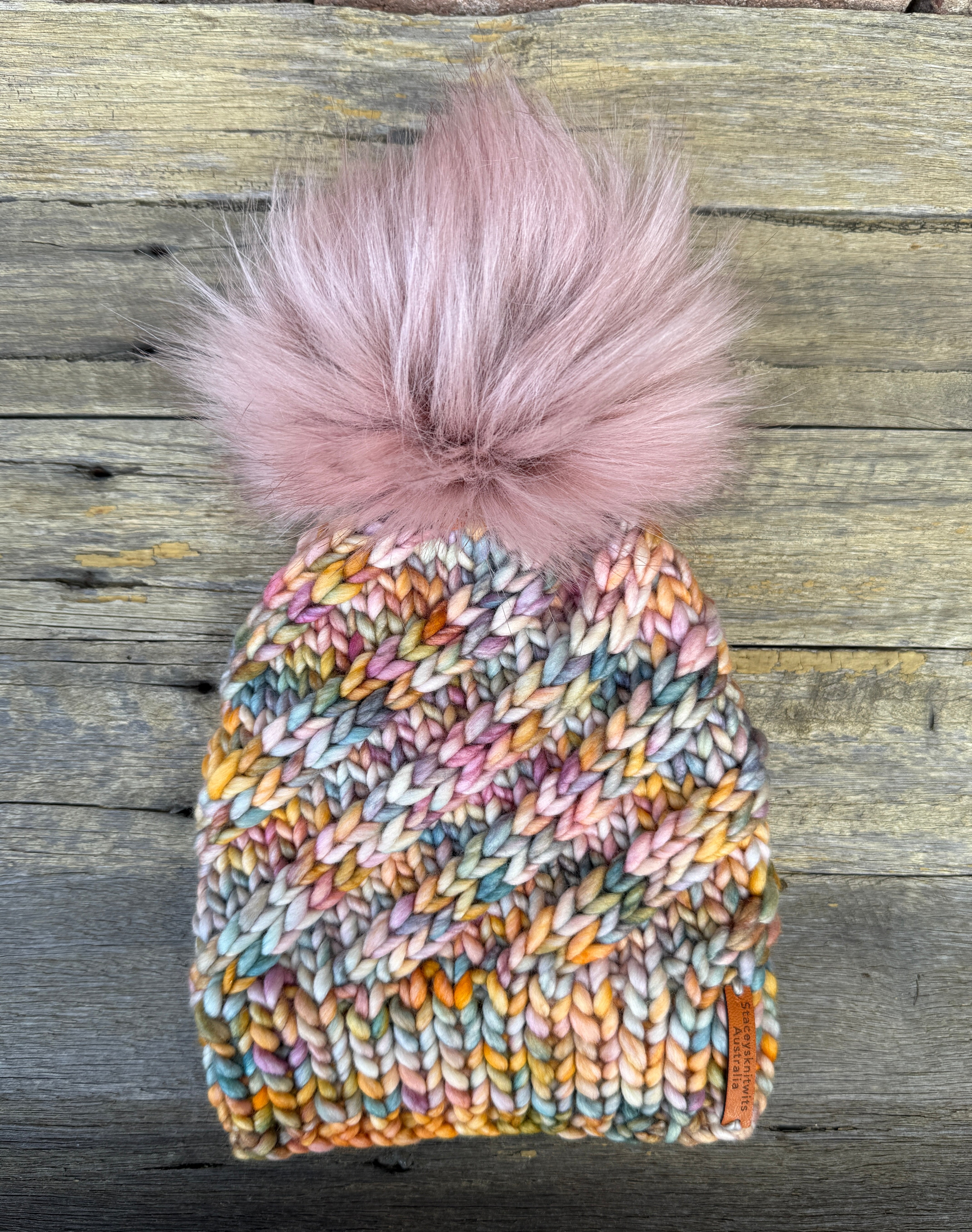 Hand Knitted Merino Beanie, Rainbow PomPom Beanie