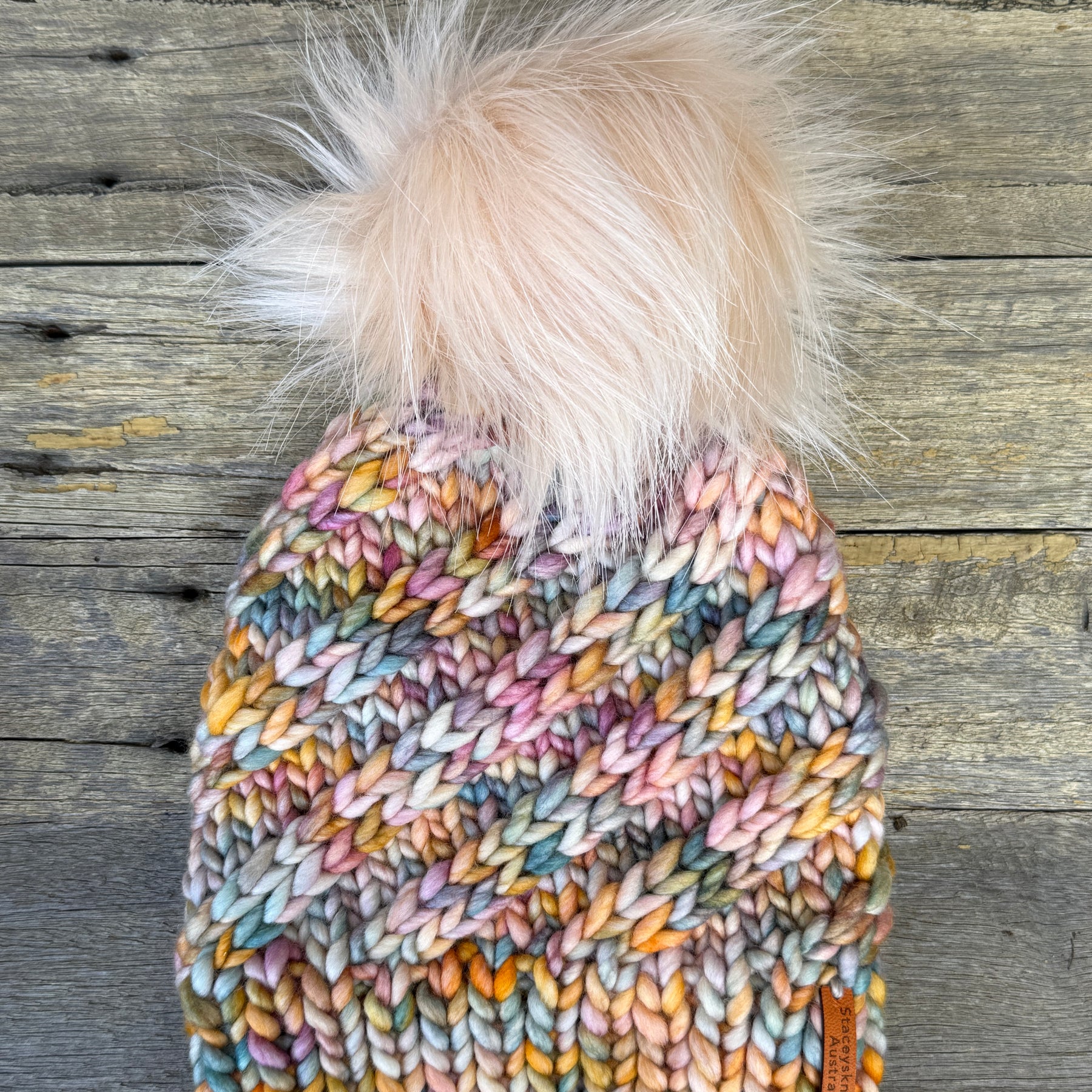 Hand Knitted Merino Beanie, Rainbow PomPom Beanie