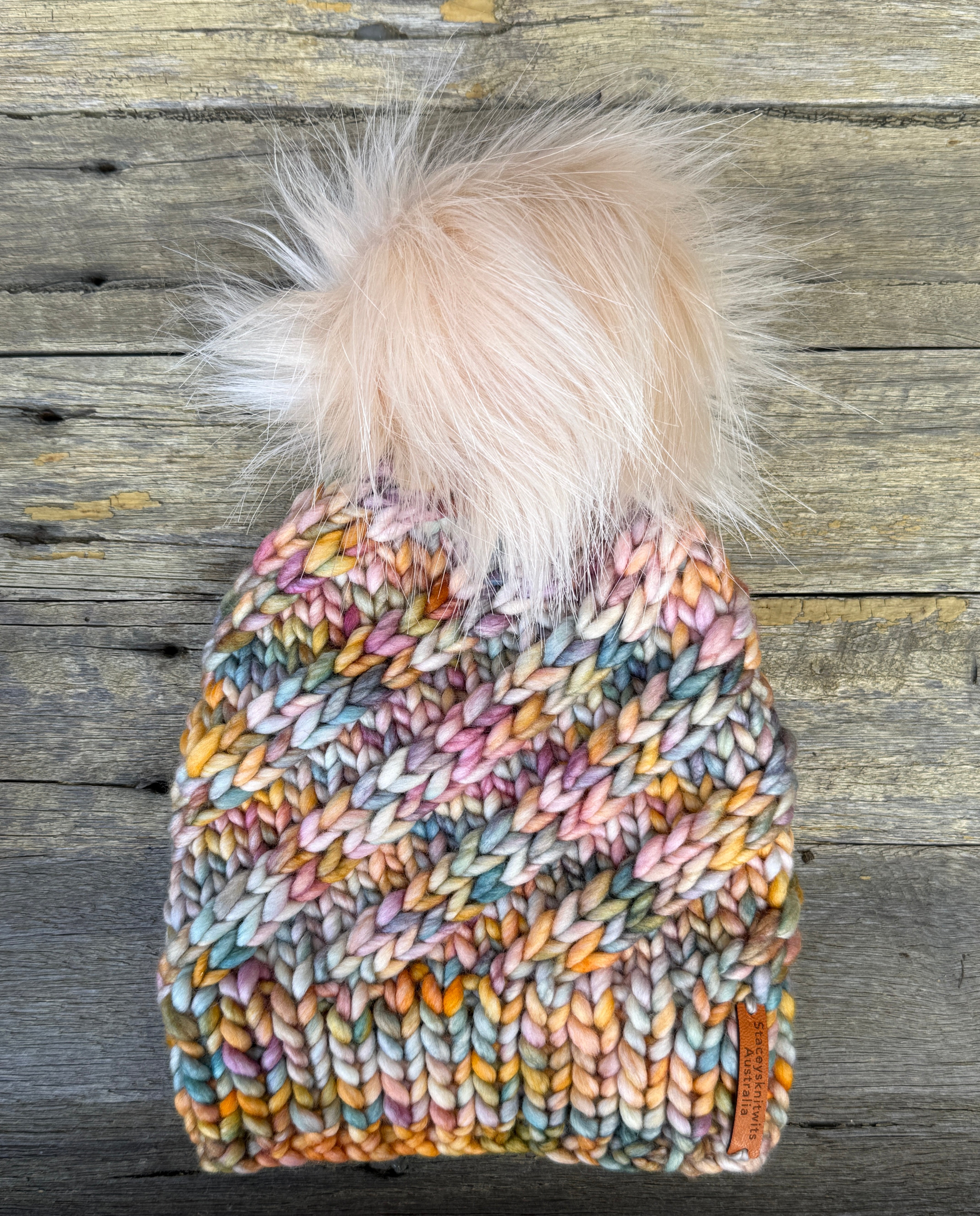 Hand Knitted Merino Beanie, Rainbow PomPom Beanie