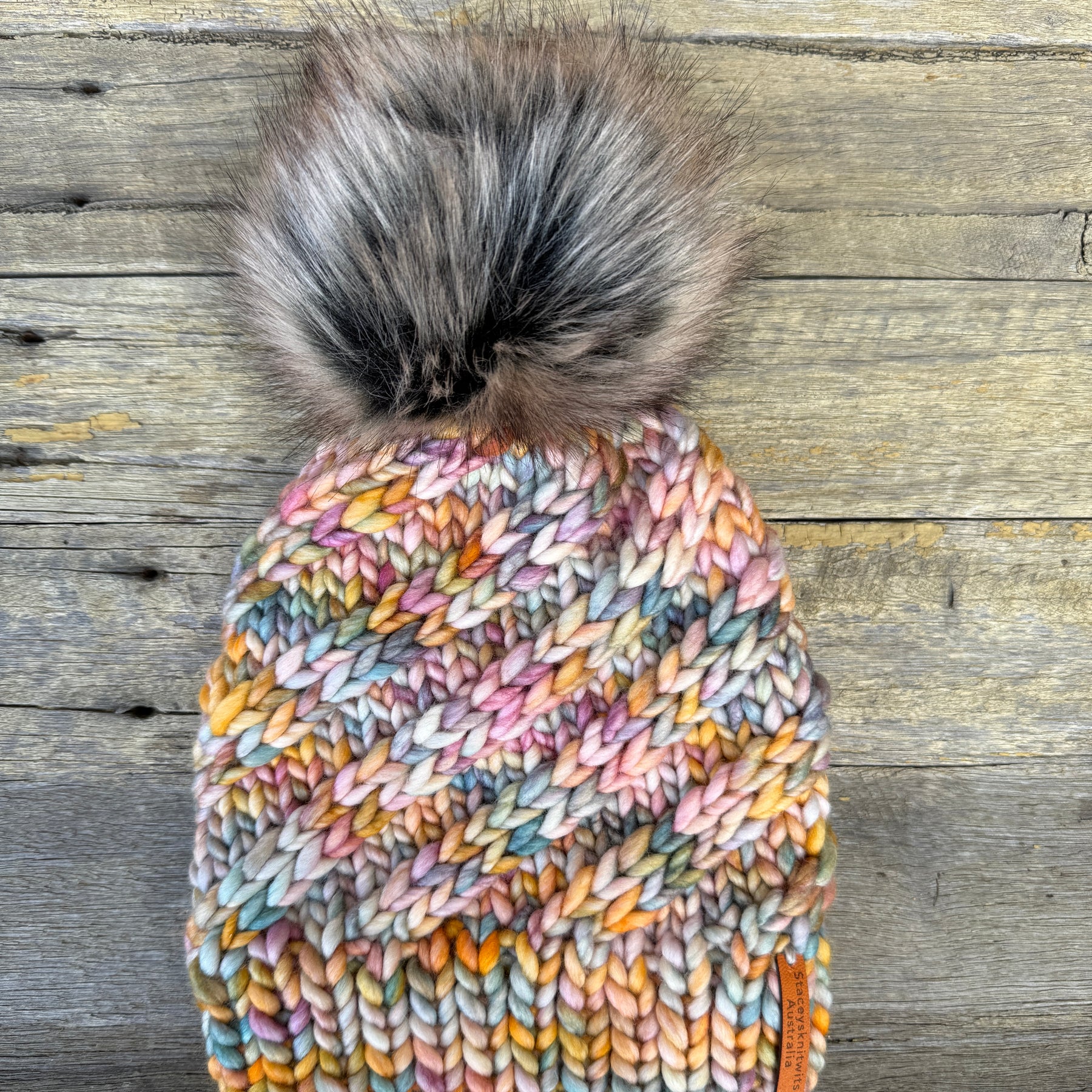 Hand Knitted Merino Beanie, Rainbow PomPom Beanie