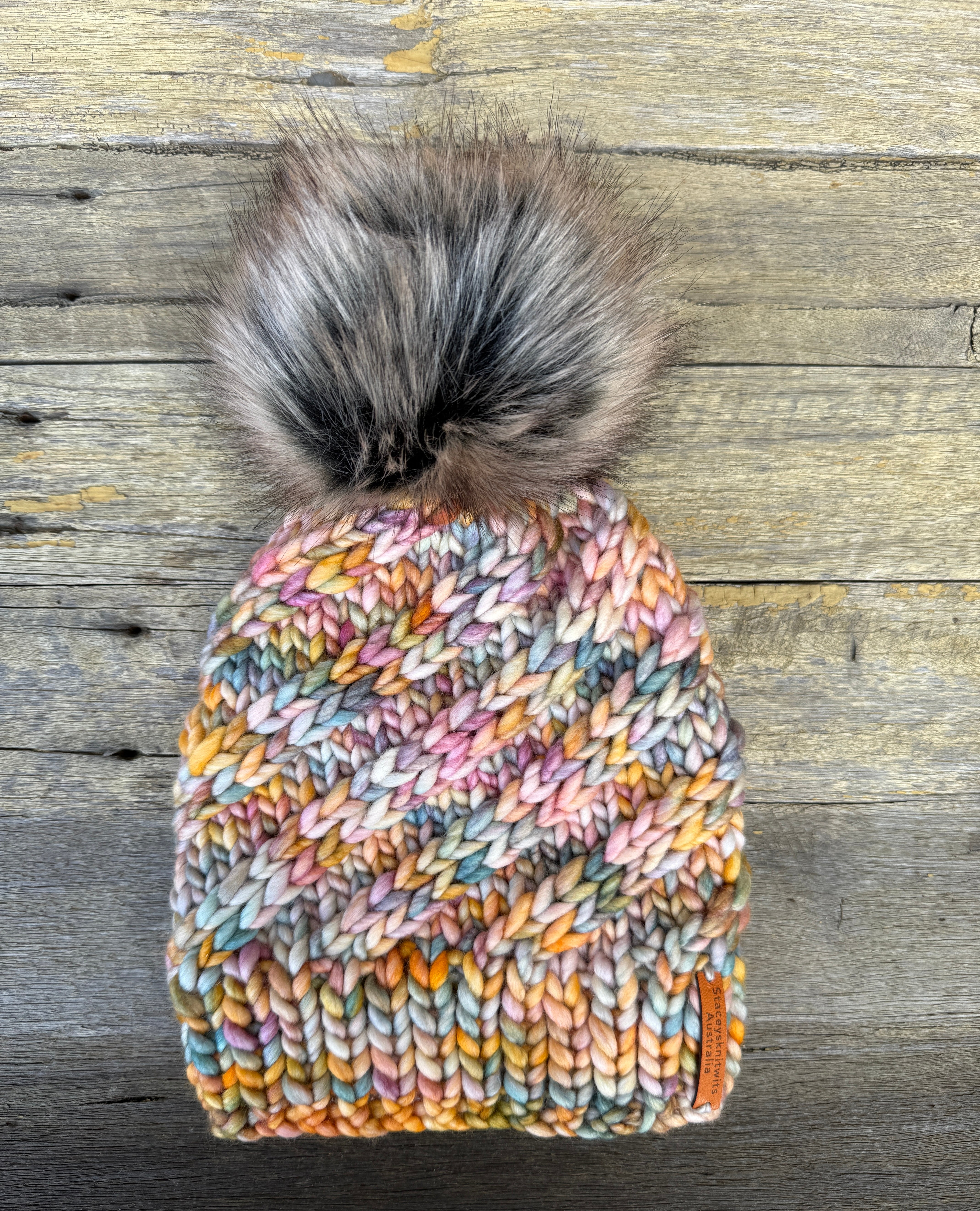 Hand Knitted Merino Beanie, Rainbow PomPom Beanie