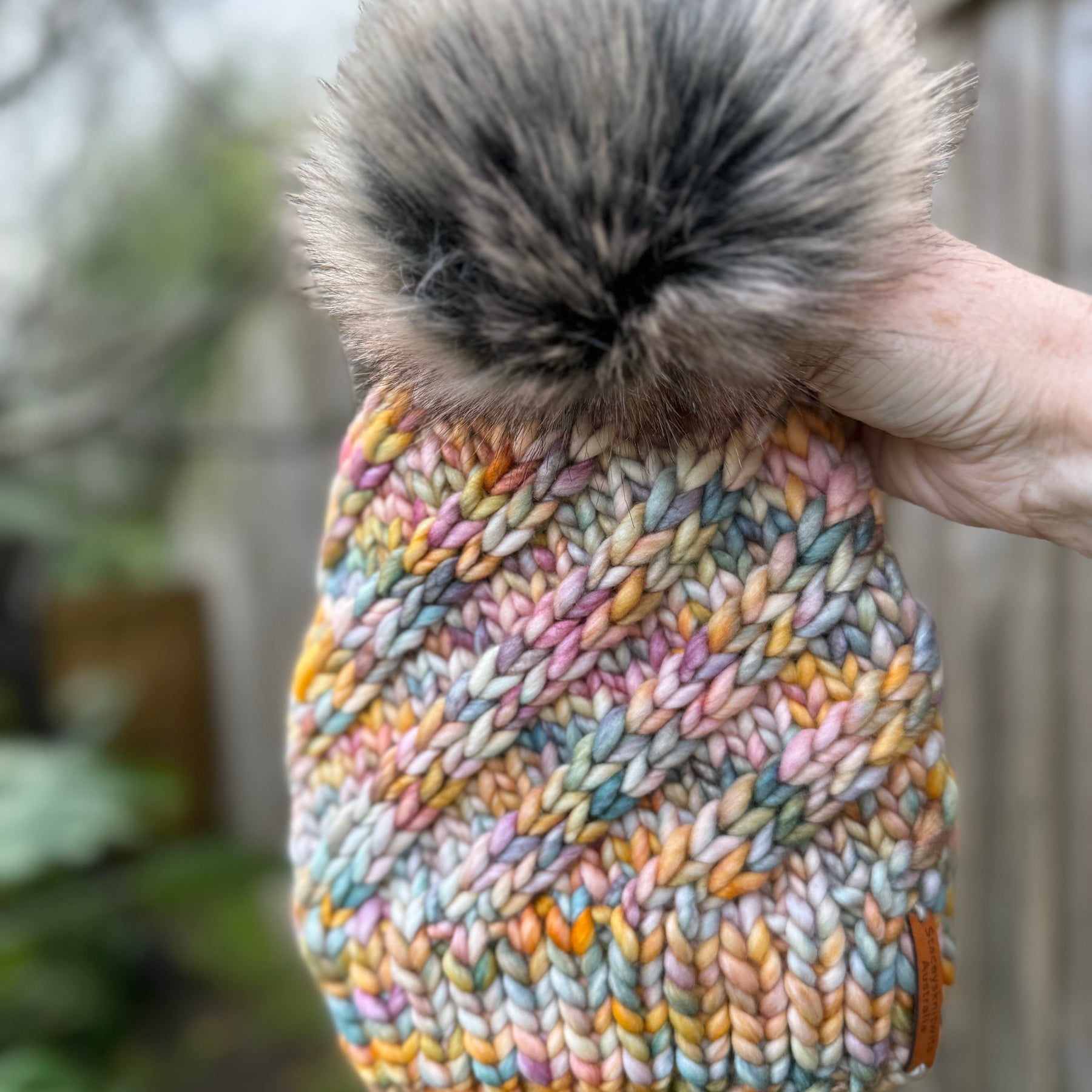 Hand Knitted Merino Beanie, Rainbow PomPom Beanie