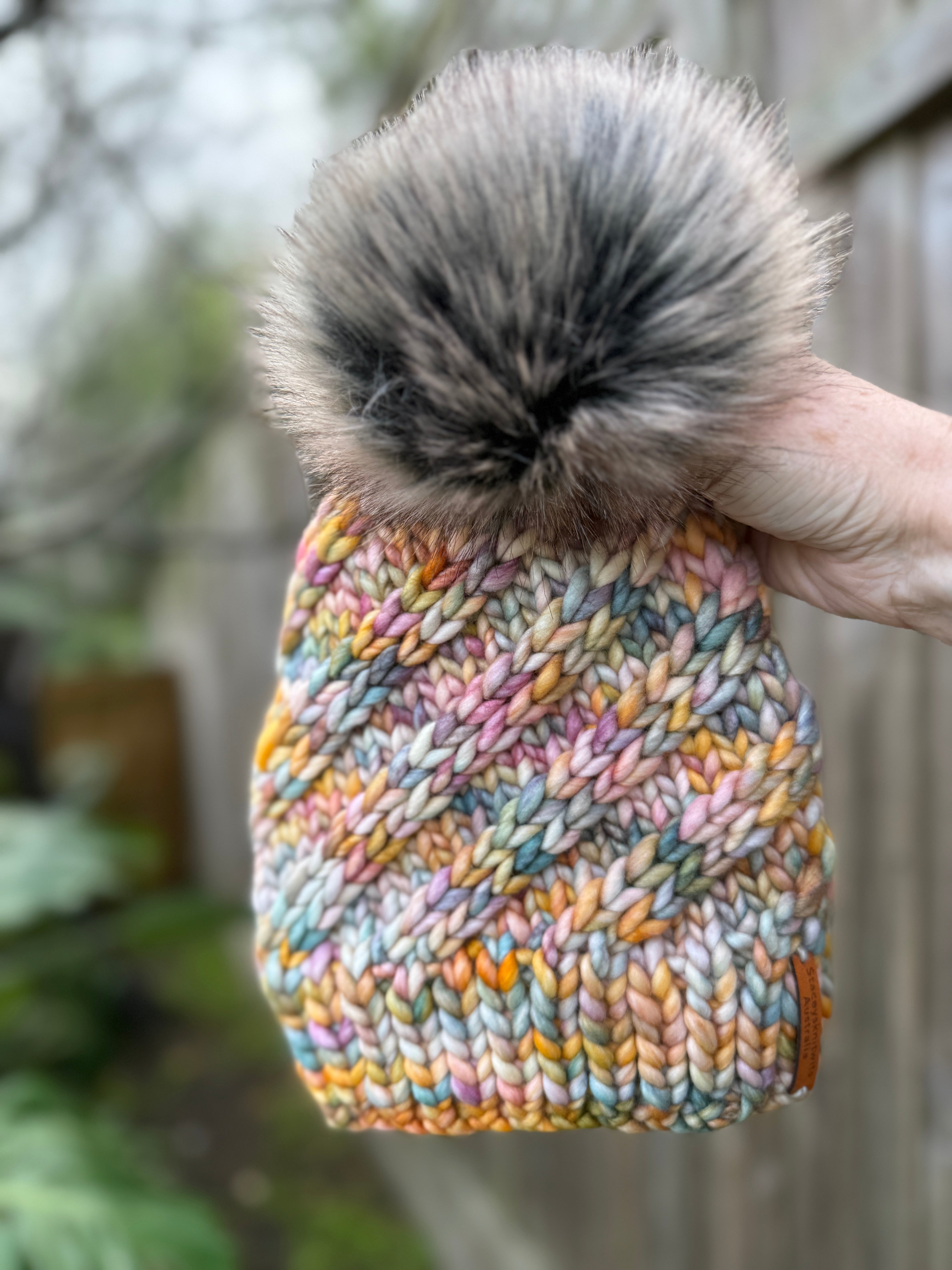 Hand Knitted Merino Beanie, Rainbow PomPom Beanie