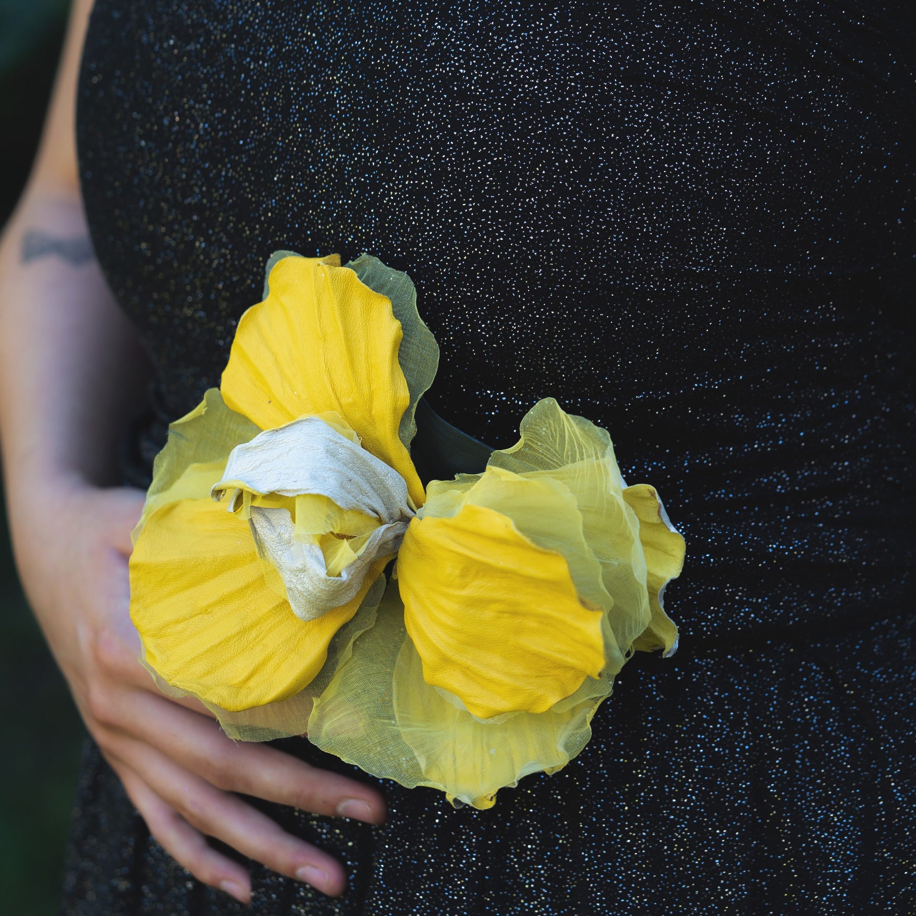 Silk & Leather Iris “Golden Light”, Flower Brooch, Hair hat Clip, Corsage Flower