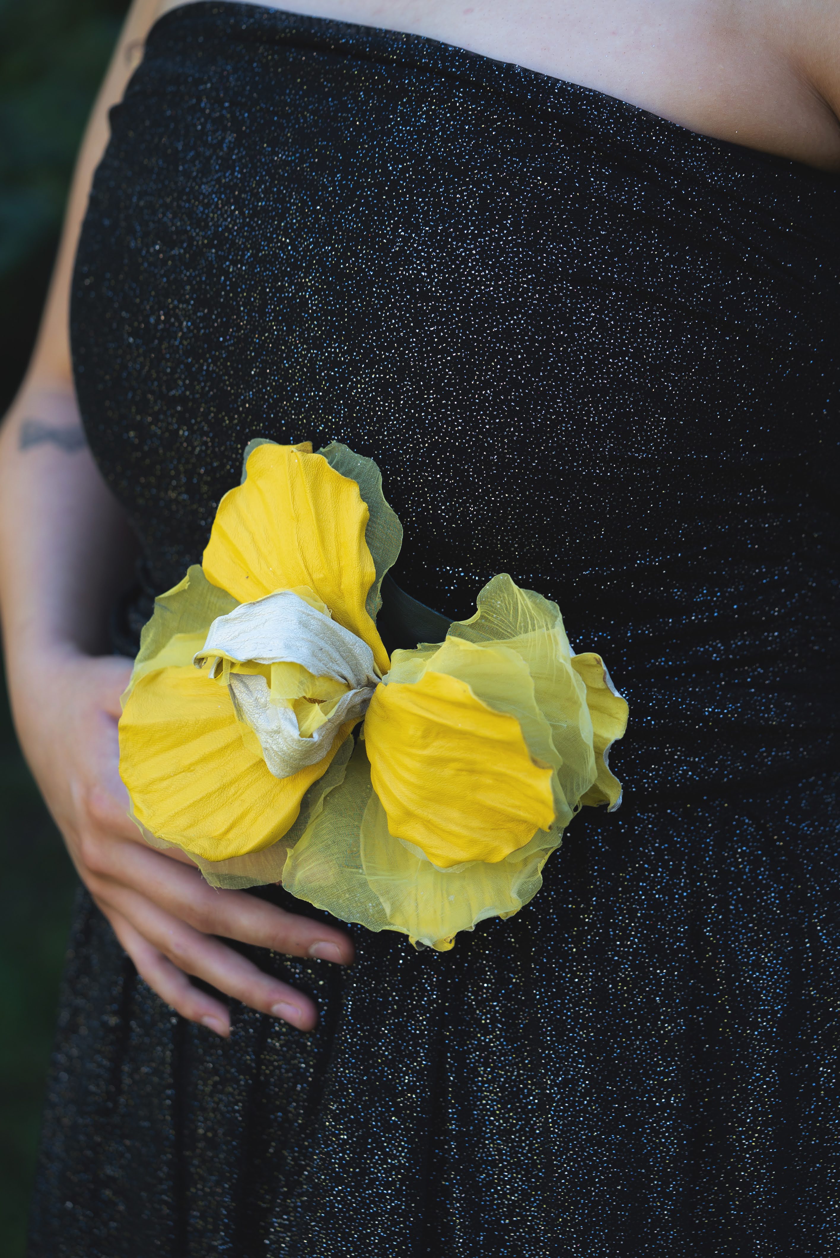 Silk & Leather Iris “Golden Light”, Flower Brooch, Hair hat Clip, Corsage Flower