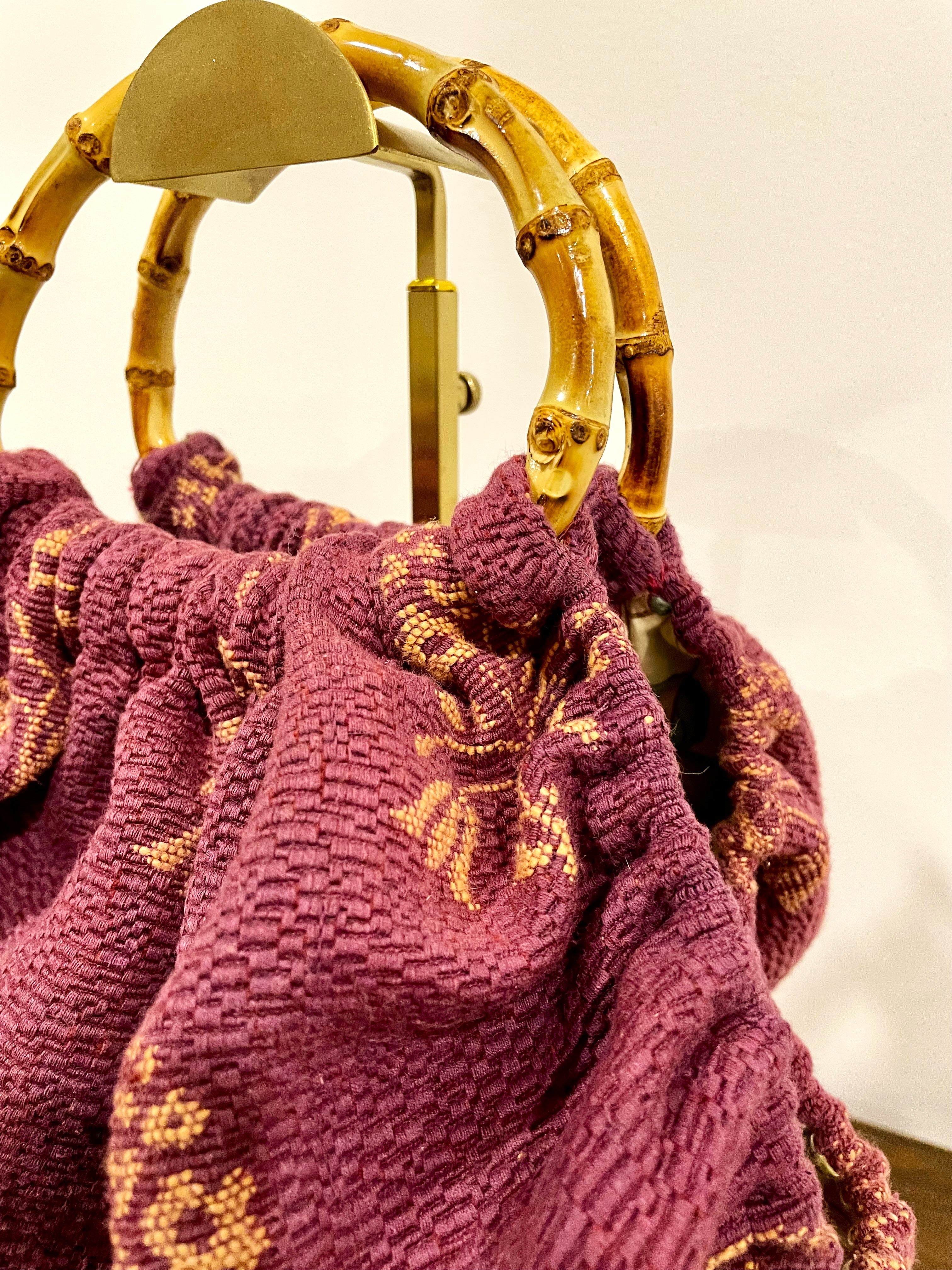 Dusty Pink Floral Tapestry Handbag, Bamboo Handles, Handmade