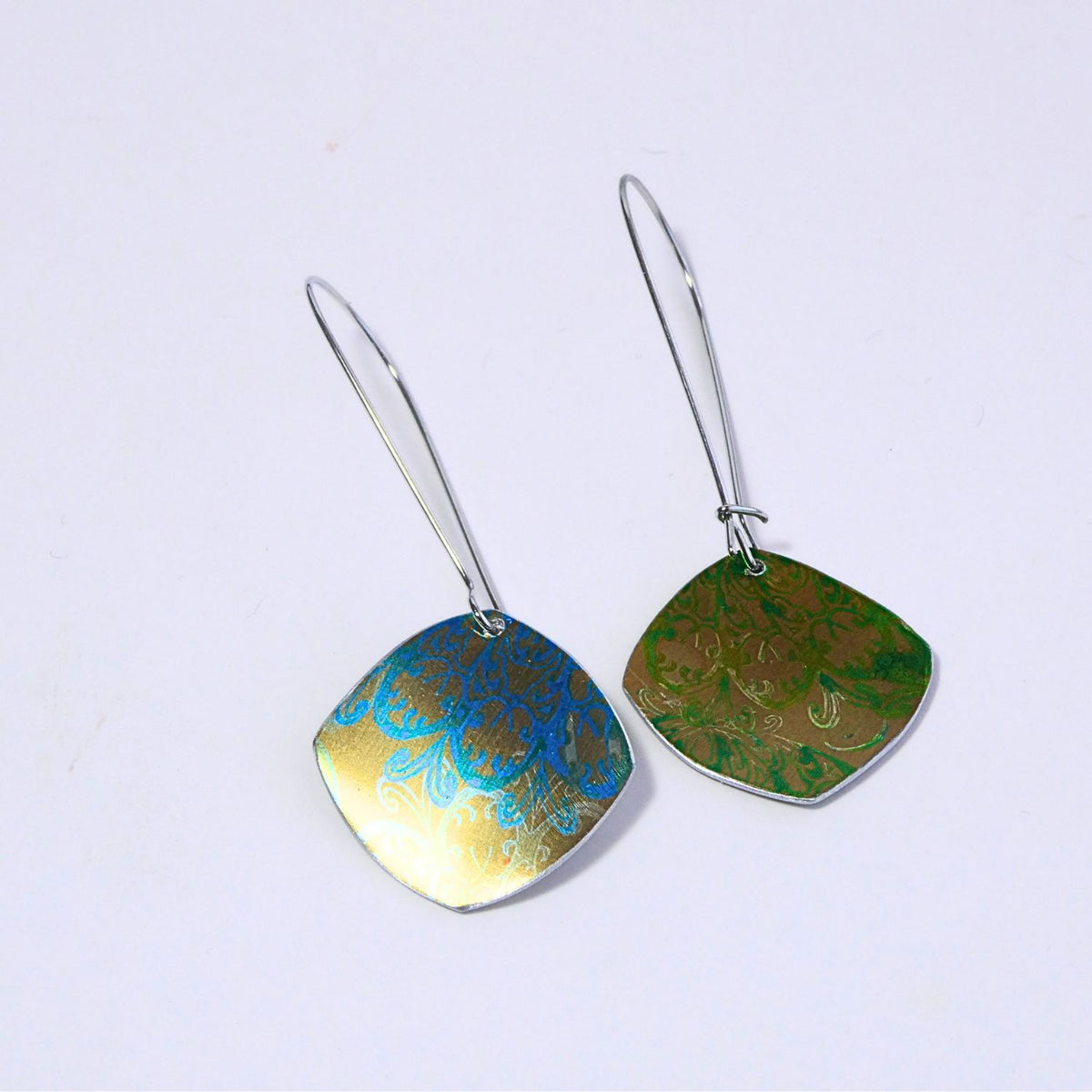 Hand printed anodised aluminium earrings - Persian Blue Collection