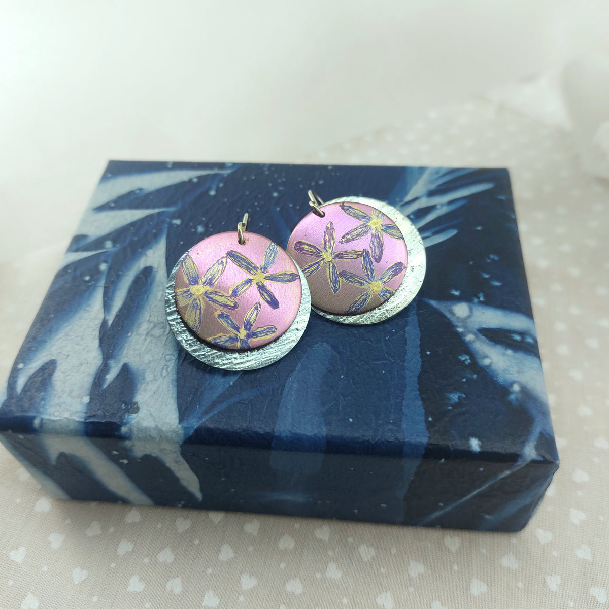 Titanium Disc Earrings with Philothica Design- Pink and Ice Blue