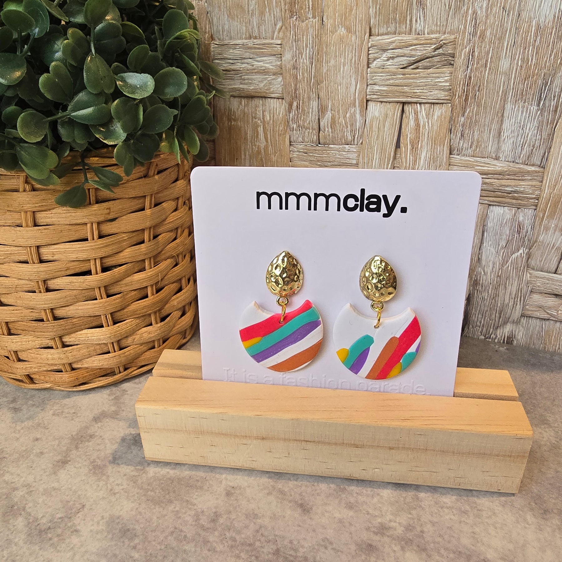 White Rainbow Striped Polymer Clay Drop Earrings