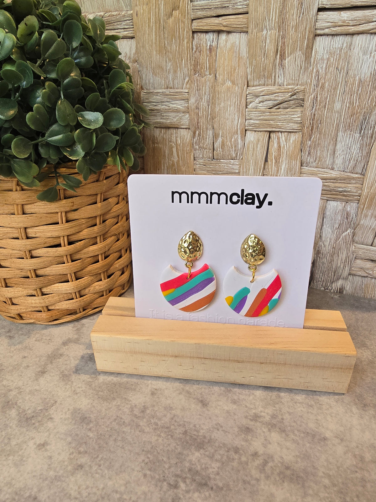 White Rainbow Striped Polymer Clay Drop Earrings