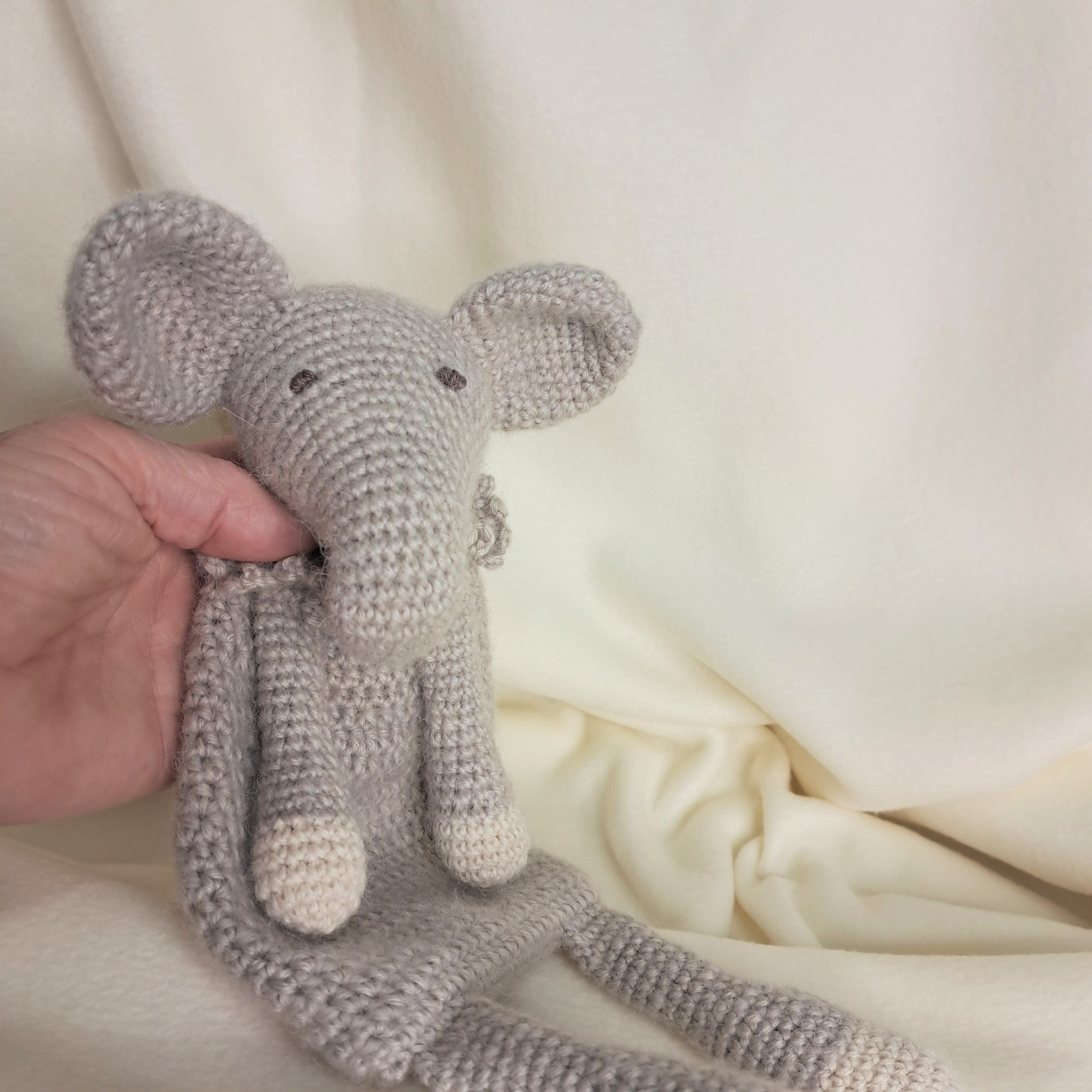 Handmade crochet elephant snuggler, Australian wool, alpaca,silk
