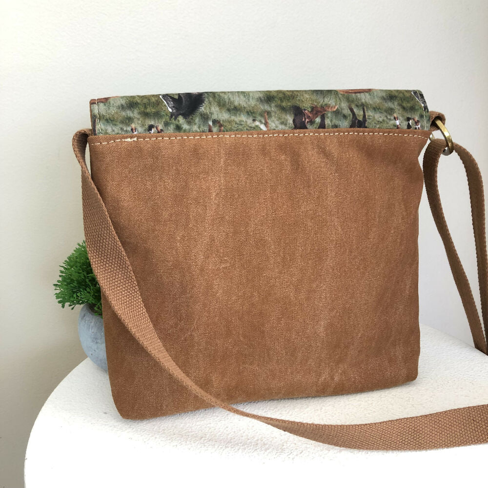 Tan Canvas and Genuine Leather Crossbody Handbag with Wild Horses Fabric